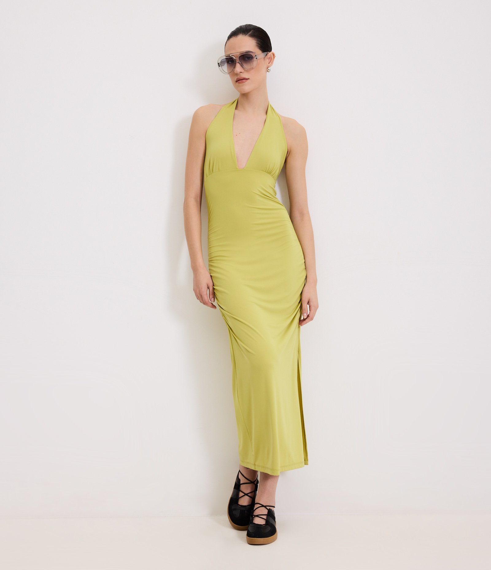 Vestido New Midi em Jersey com Drapeados Laterais Verde 1