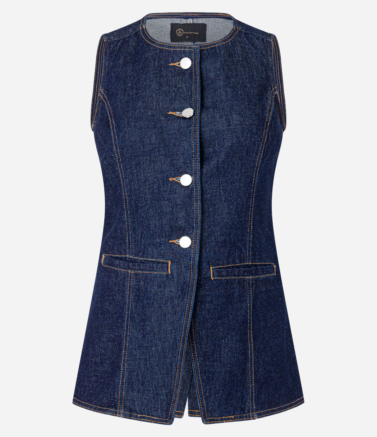 Colete Alongado em Jeans Cinturado com Botões Escuro 5