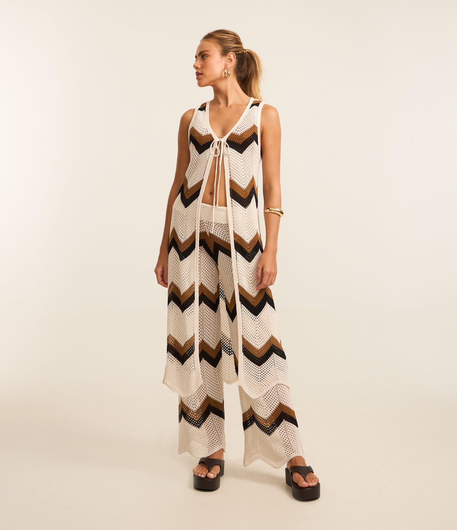 Saída de Praia Kimono Alongado com Efeito Crochê Zig Zag Off White 2