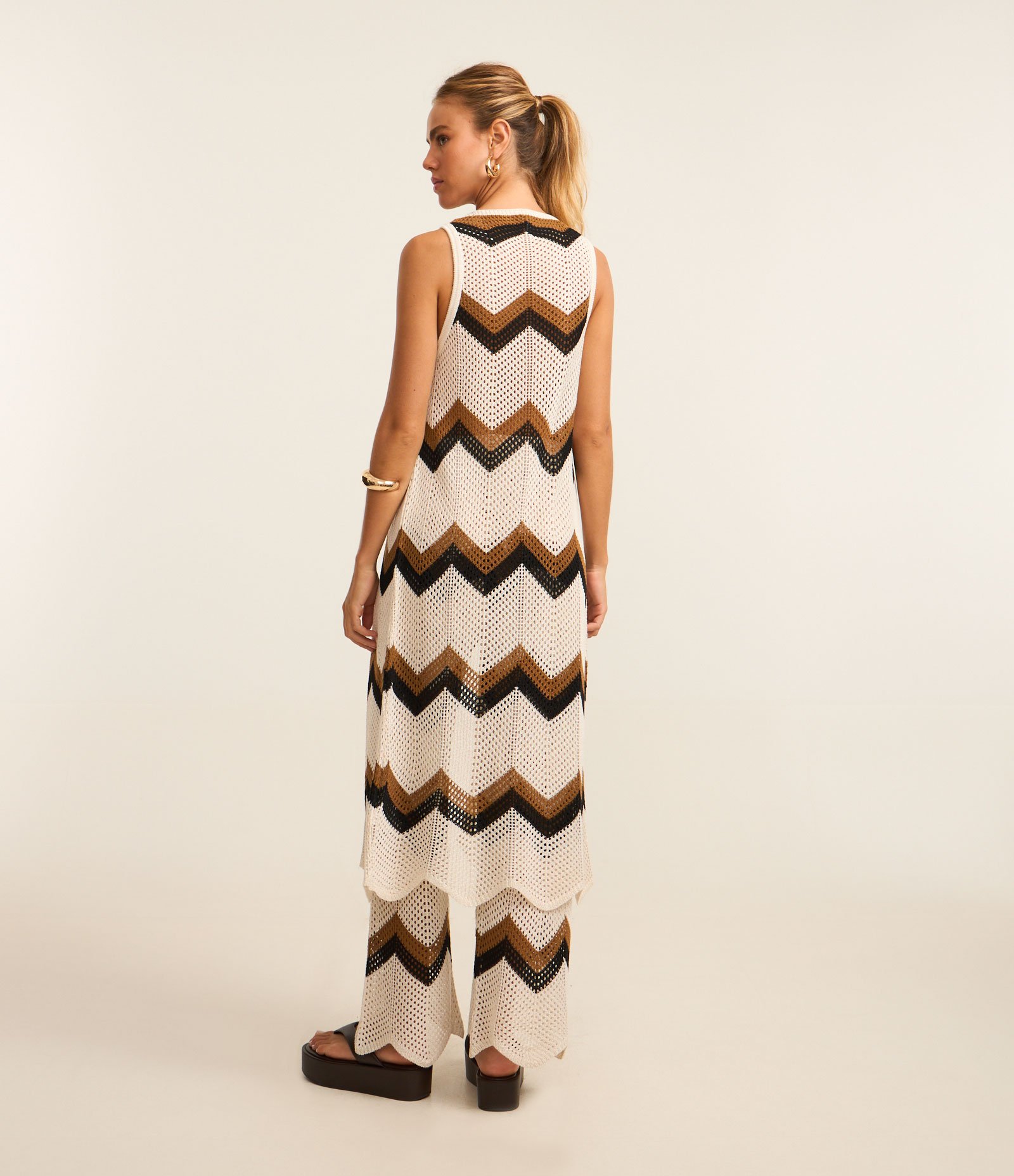 Saída de Praia Kimono Alongado com Efeito Crochê Zig Zag Off White 3