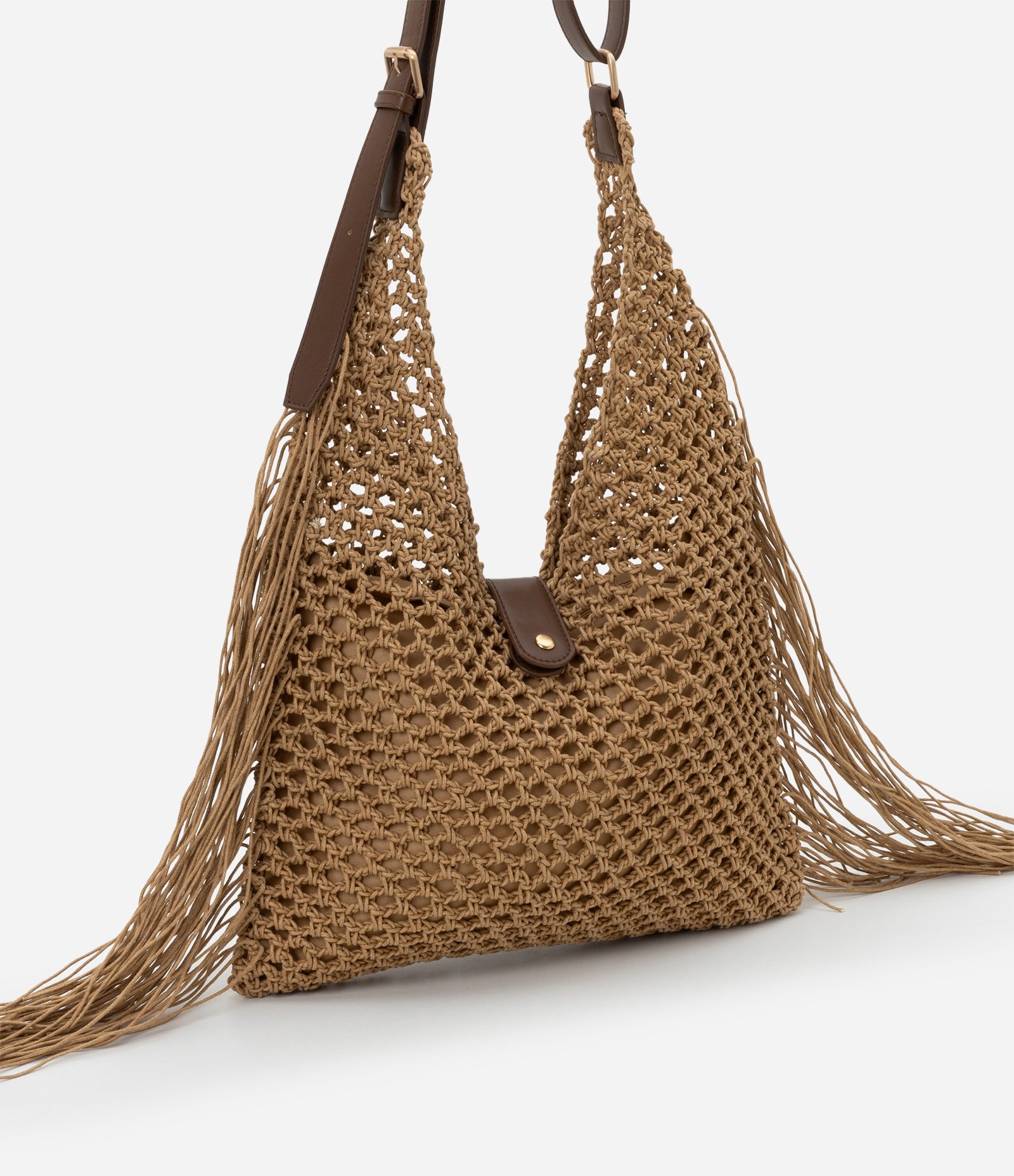 Bolsa Hobo Grande com Efeito Macramê e Alça de PU Bege 9