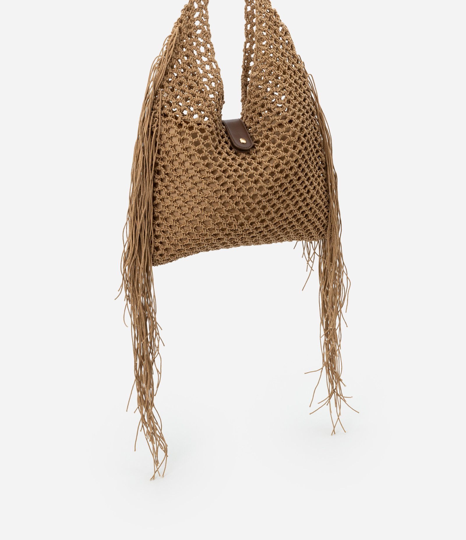 Bolsa Hobo Grande com Efeito Macramê e Alça de PU Bege 2