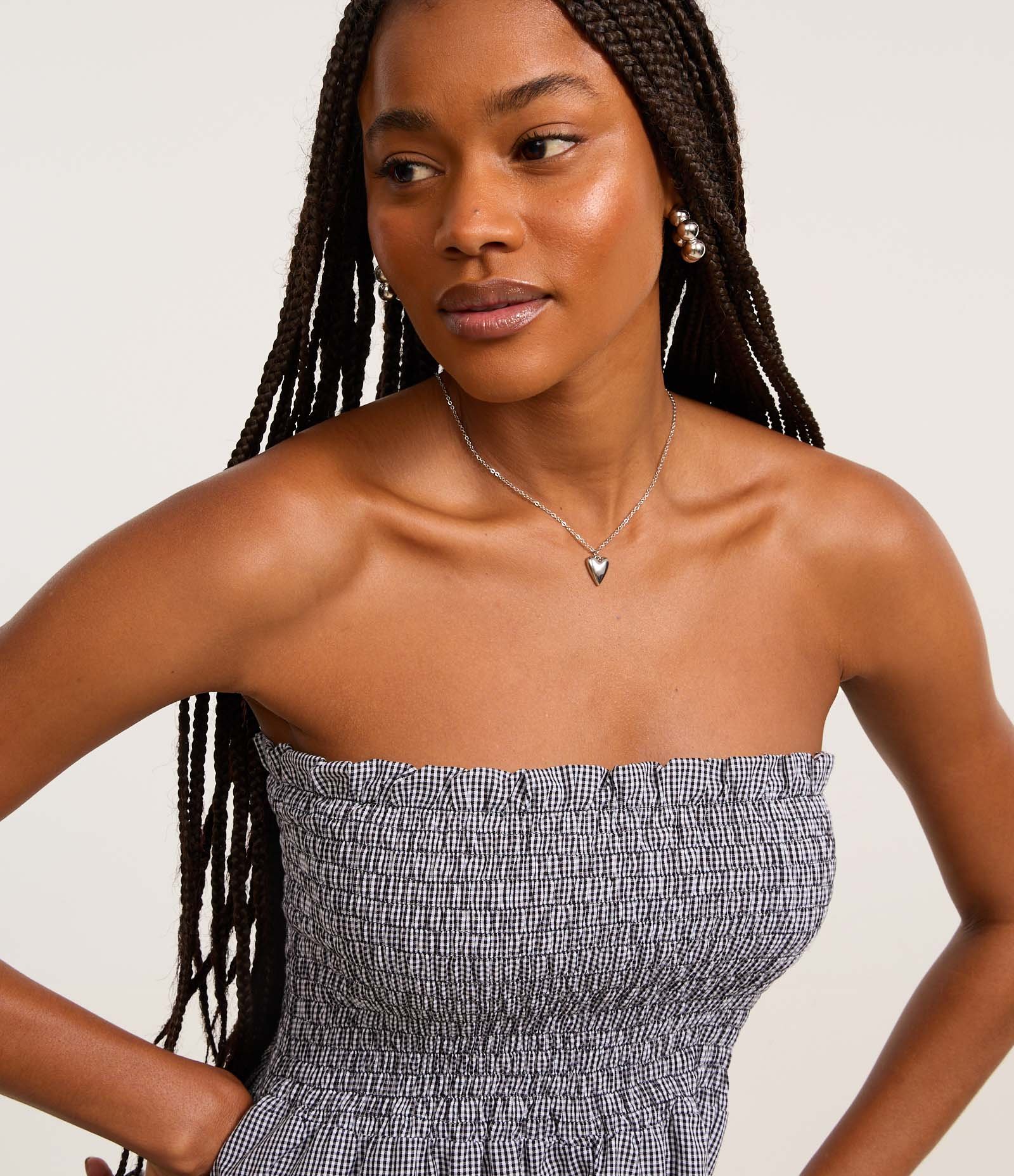 Vestido Curto em Tricoline com Lastex Xadrez Vichy Preto 3