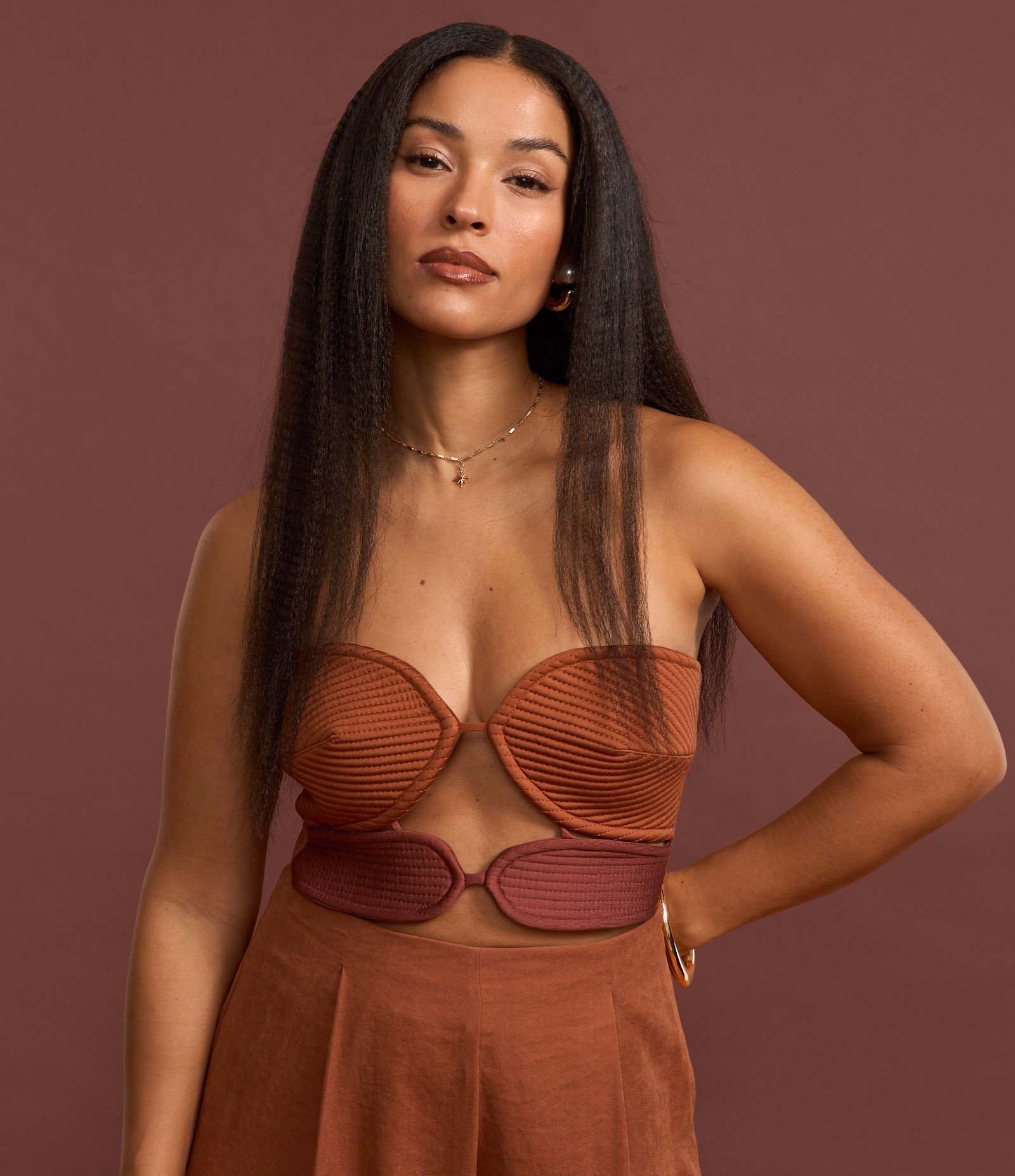 Body em Microfibra Bicolor com Busto Pespontado Marrom Caramelo 4