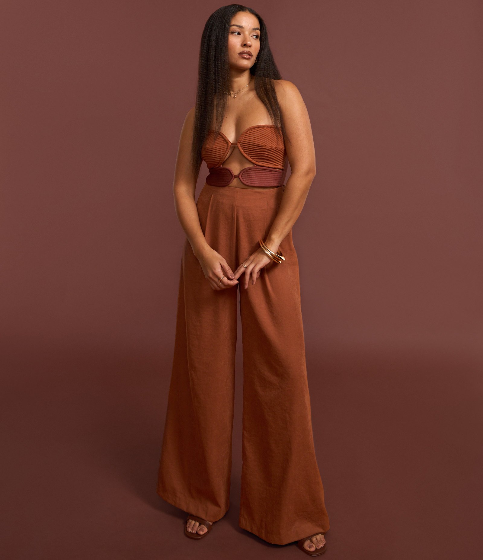 Body em Microfibra Bicolor com Busto Pespontado Marrom Caramelo 5