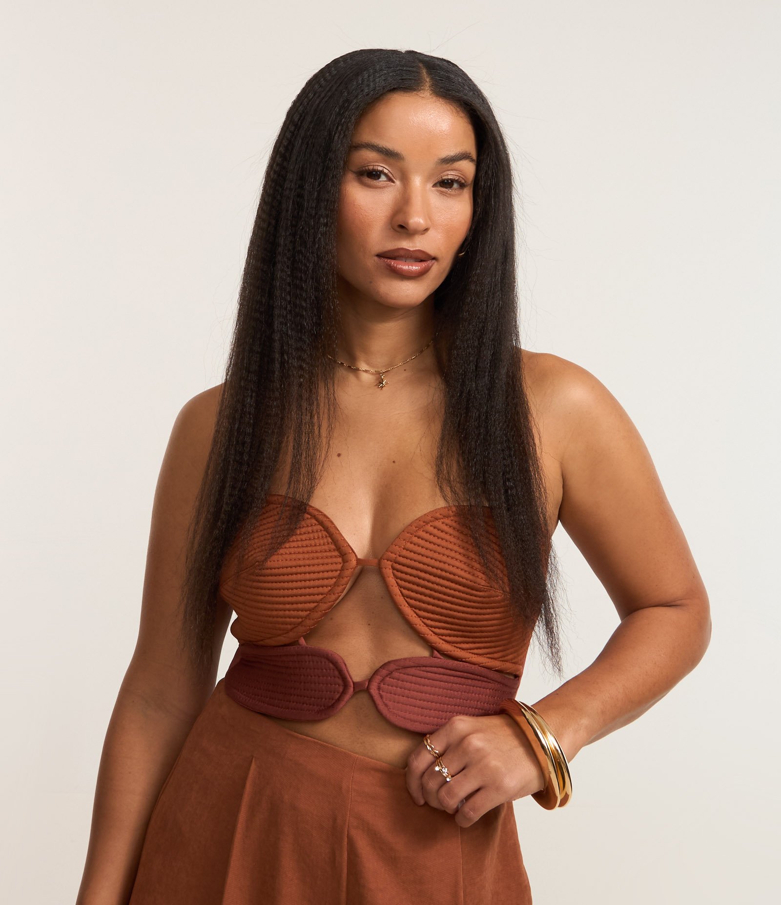 Body em Microfibra Bicolor com Busto Pespontado Marrom Caramelo 1