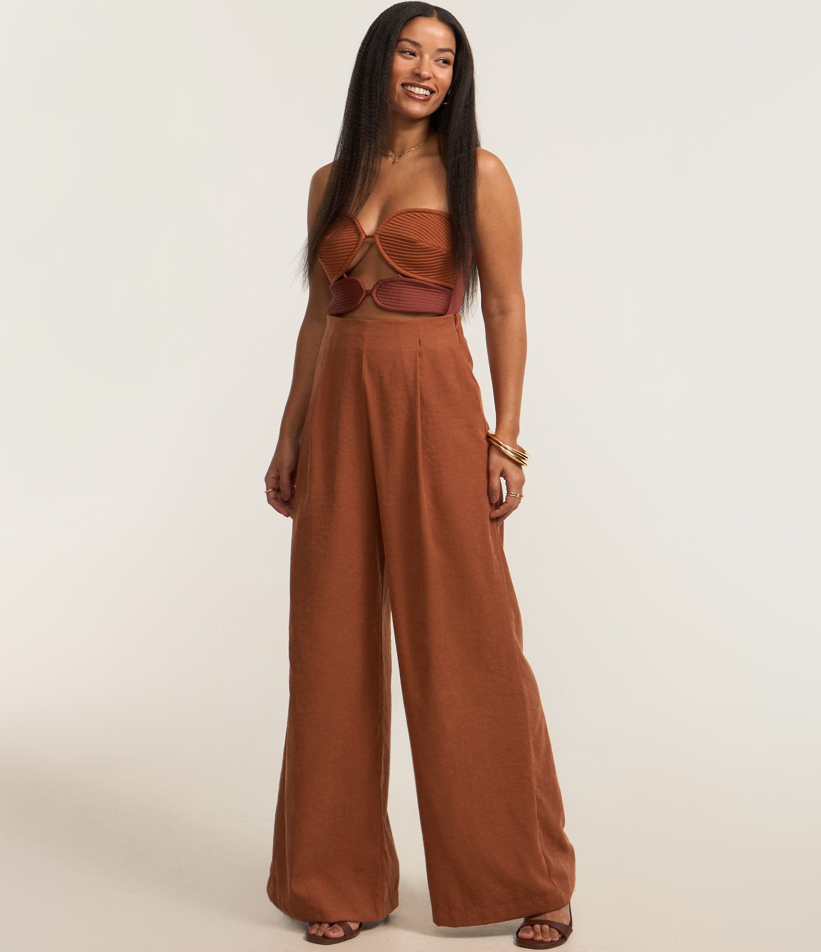 Body em Microfibra Bicolor com Busto Pespontado Marrom Caramelo 2