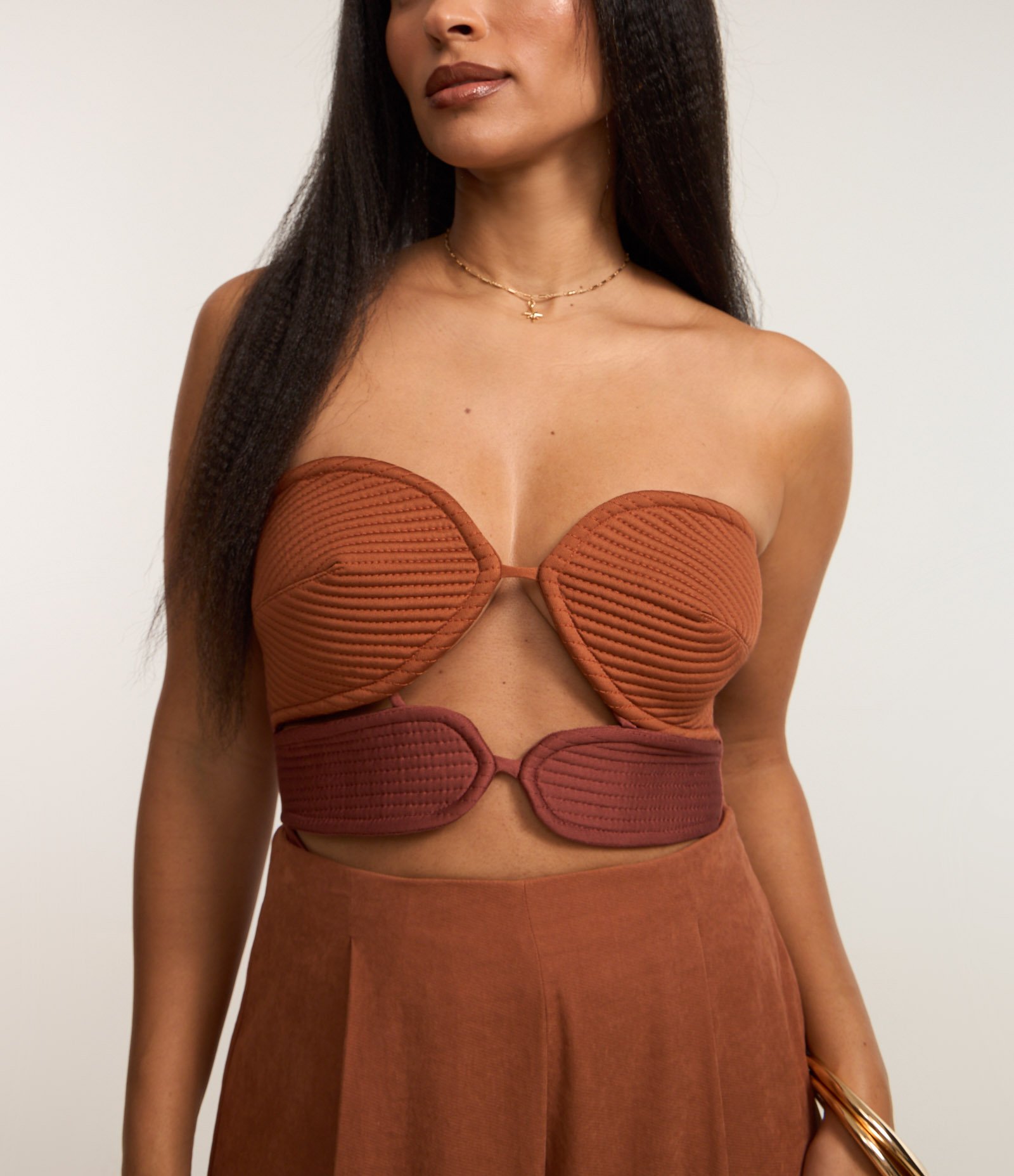 Body em Microfibra Bicolor com Busto Pespontado Marrom Caramelo 3