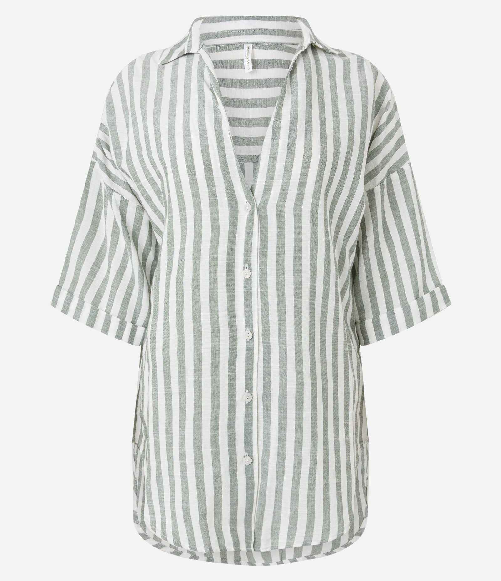 Saída de Praia Camisa em Viscose com Estampa Listrada e Gola V Verde/Branco 3