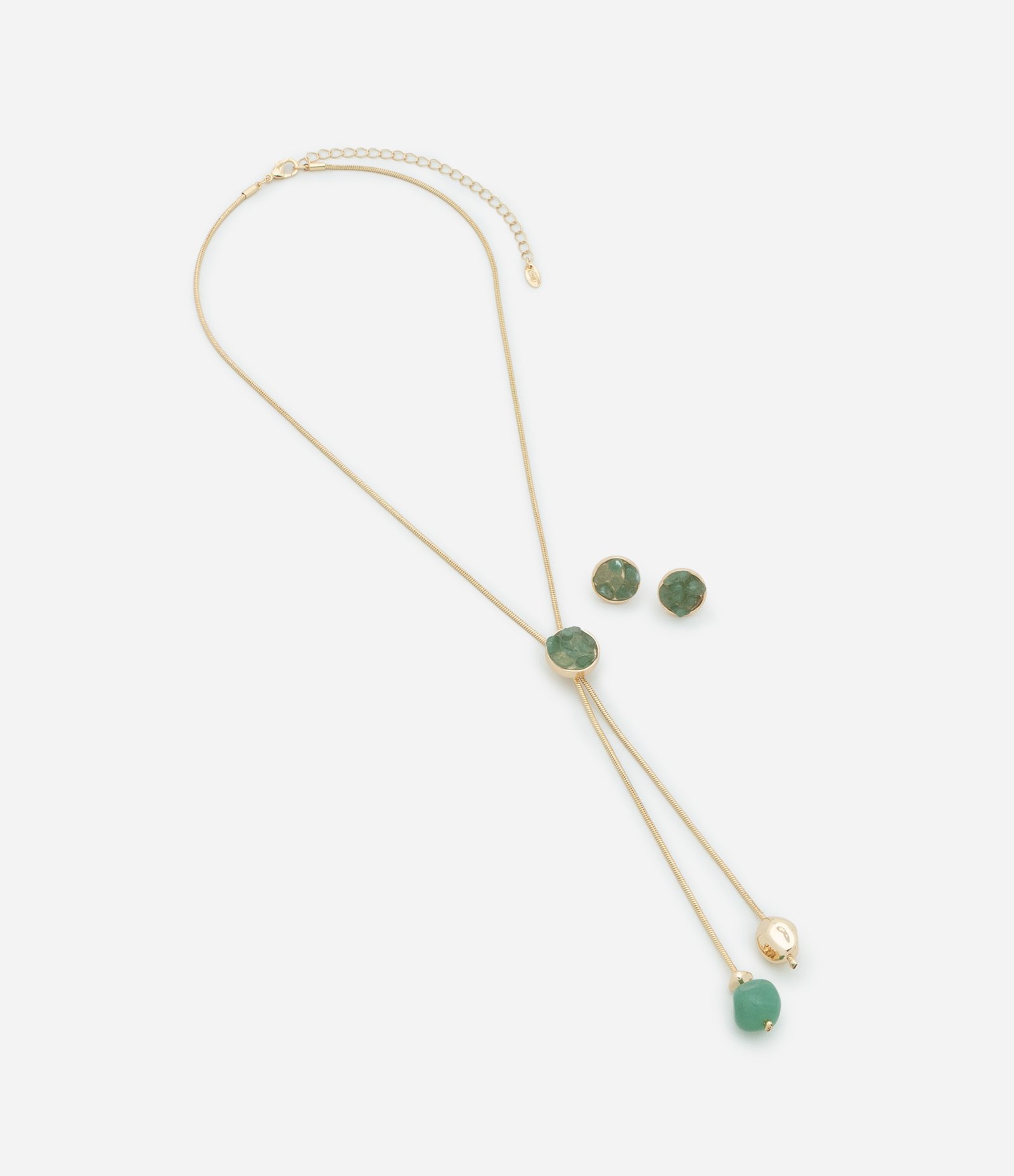 Conjunto de Colar Gravata com Cascalho e Brinco Botão Dourado/Verde 2