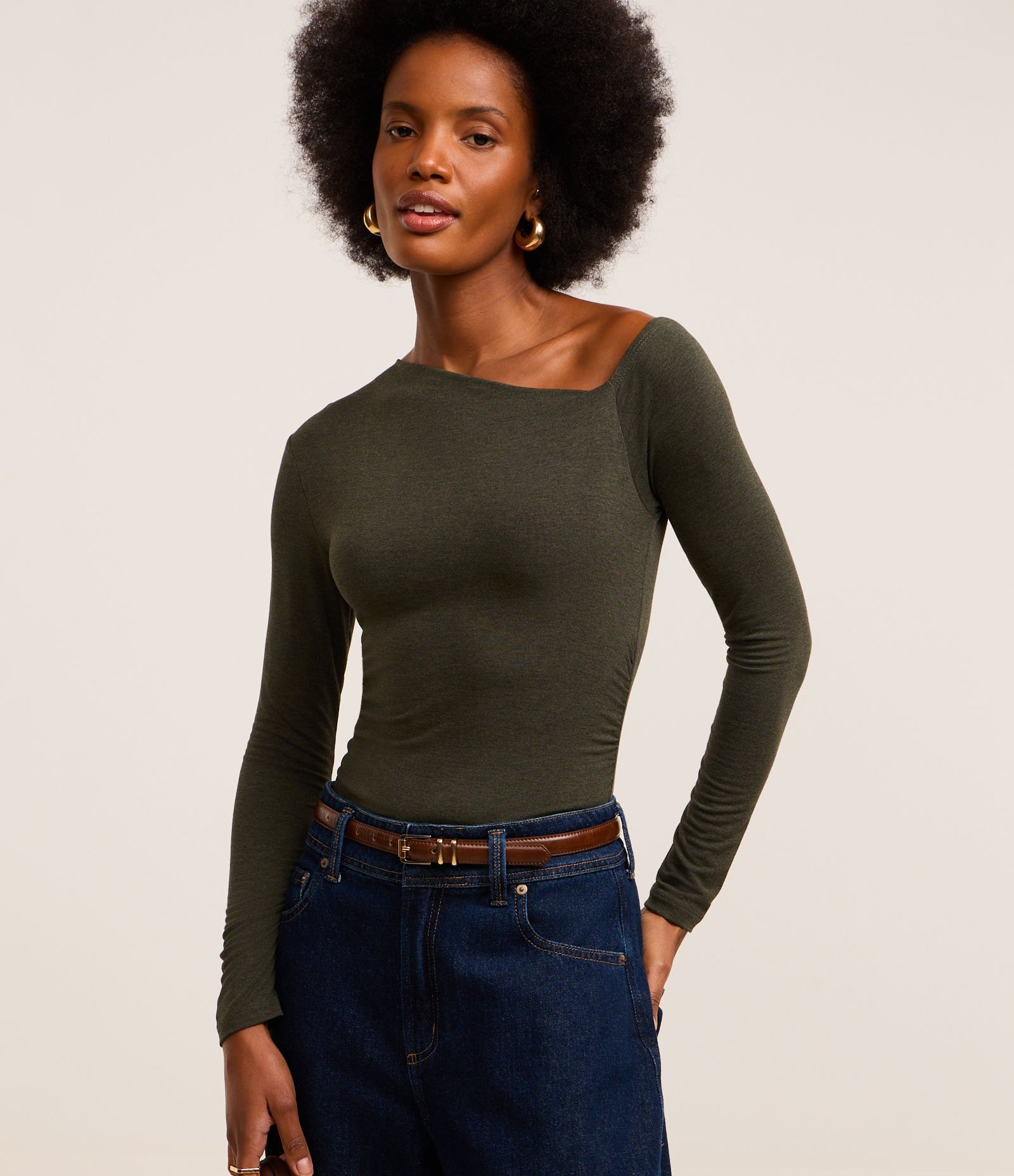 Body com Decote Assimétrico e Padronagem Mescla Verde Escuro 1