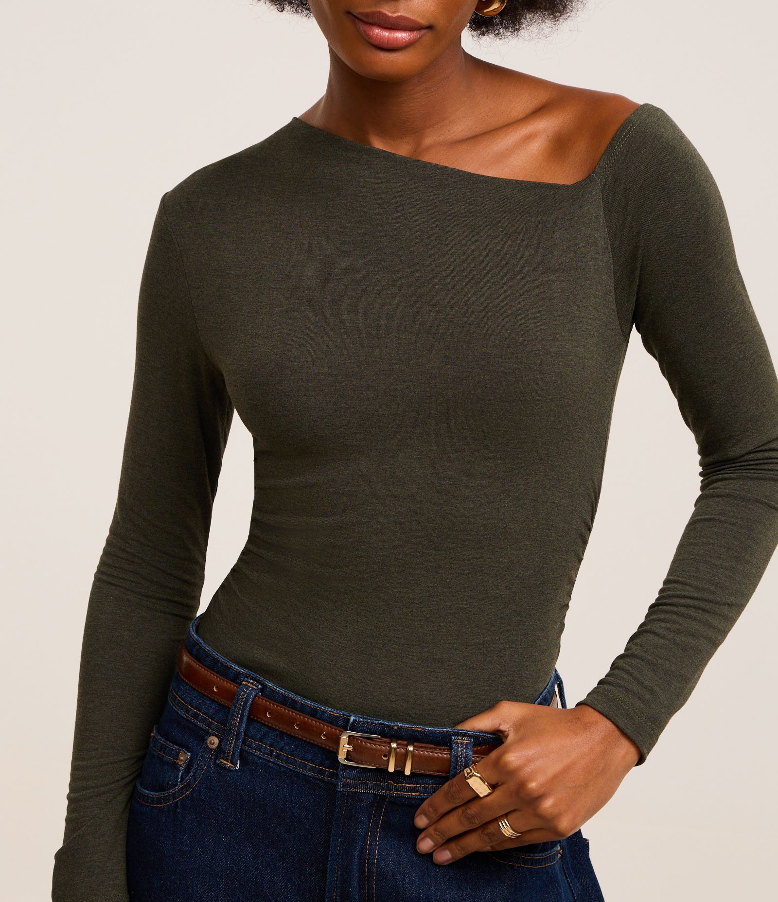 Body com Decote Assimétrico e Padronagem Mescla Verde Escuro 5