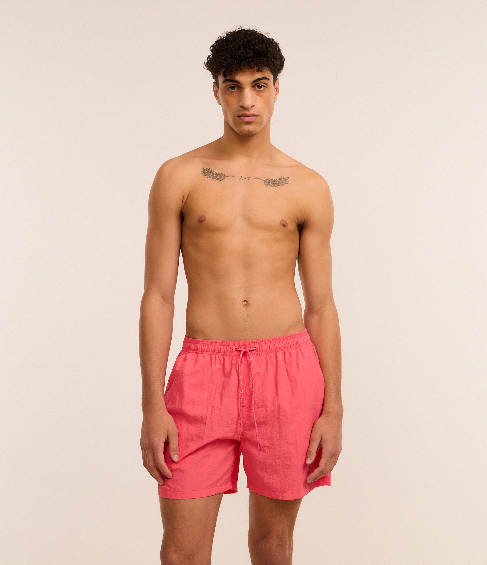 Bermuda de Banho Básica em Microfibra com Cós Elástico e Cordão Coral 1