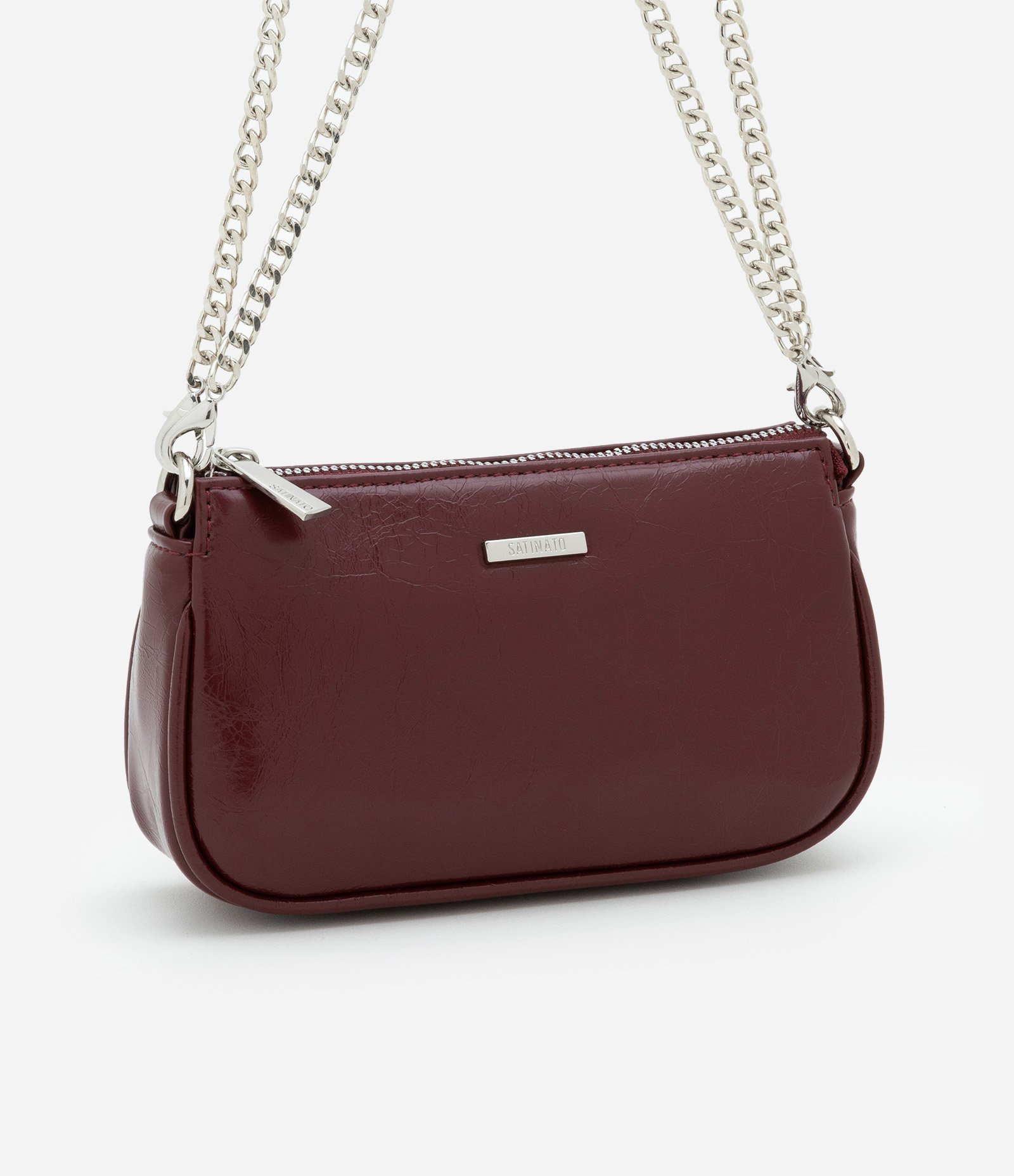 Bolsa Baguete Pequena Texturizada com Alças de Corrente Vinho 2