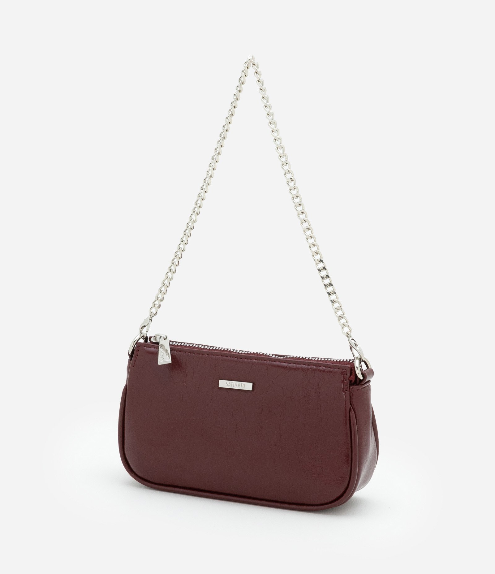 Bolsa Baguete Pequena Texturizada com Alças de Corrente Vinho 6
