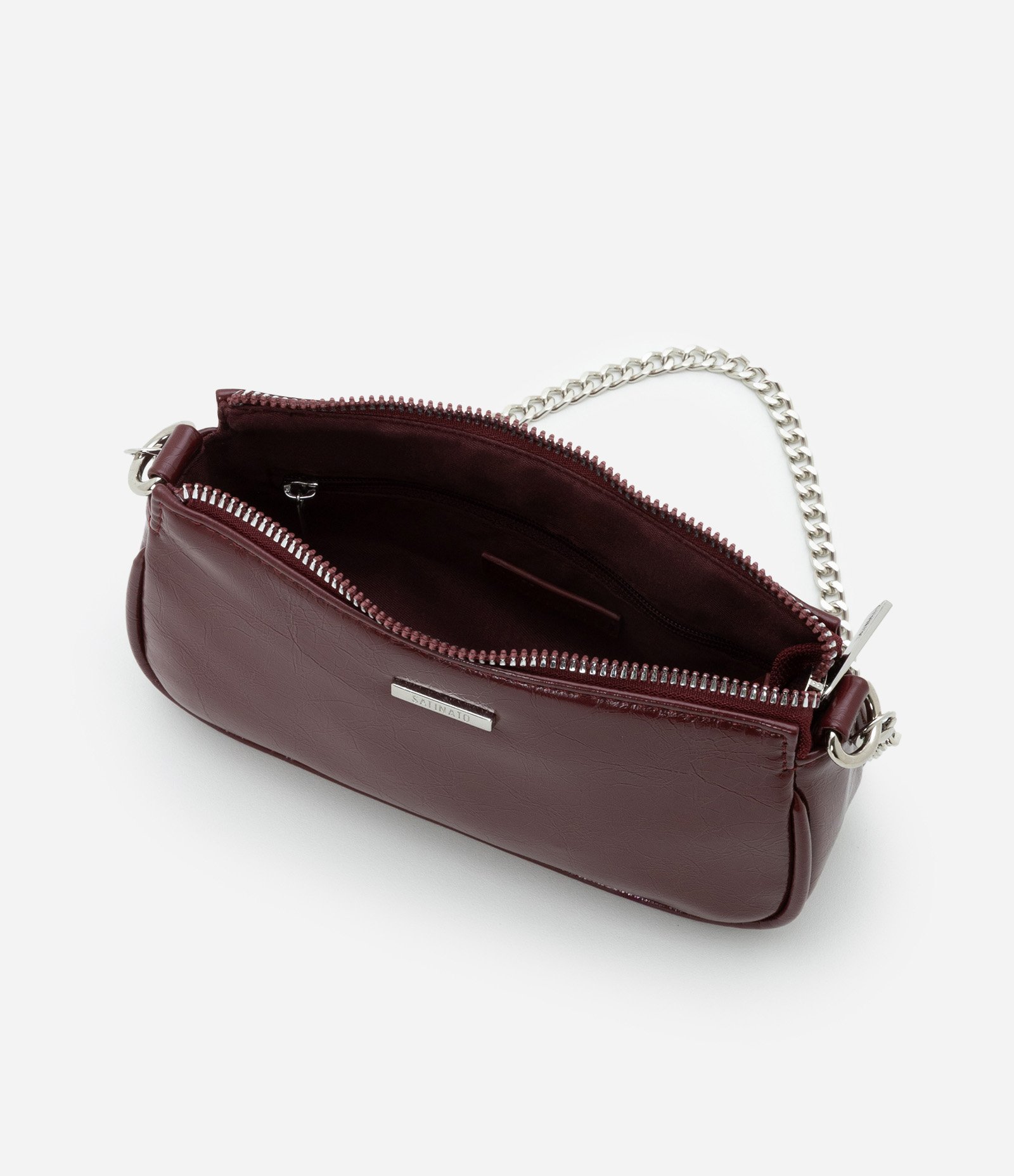 Bolsa Baguete Pequena Texturizada com Alças de Corrente Vinho 7