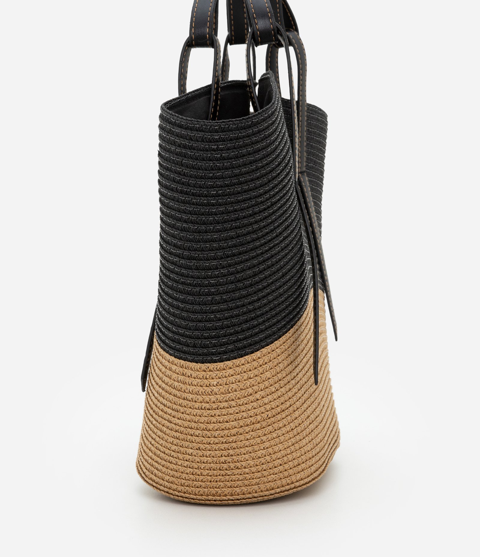 Bolsa de Praia Grande de Palha Bicolor com Alça em PU Preto/Bege 2