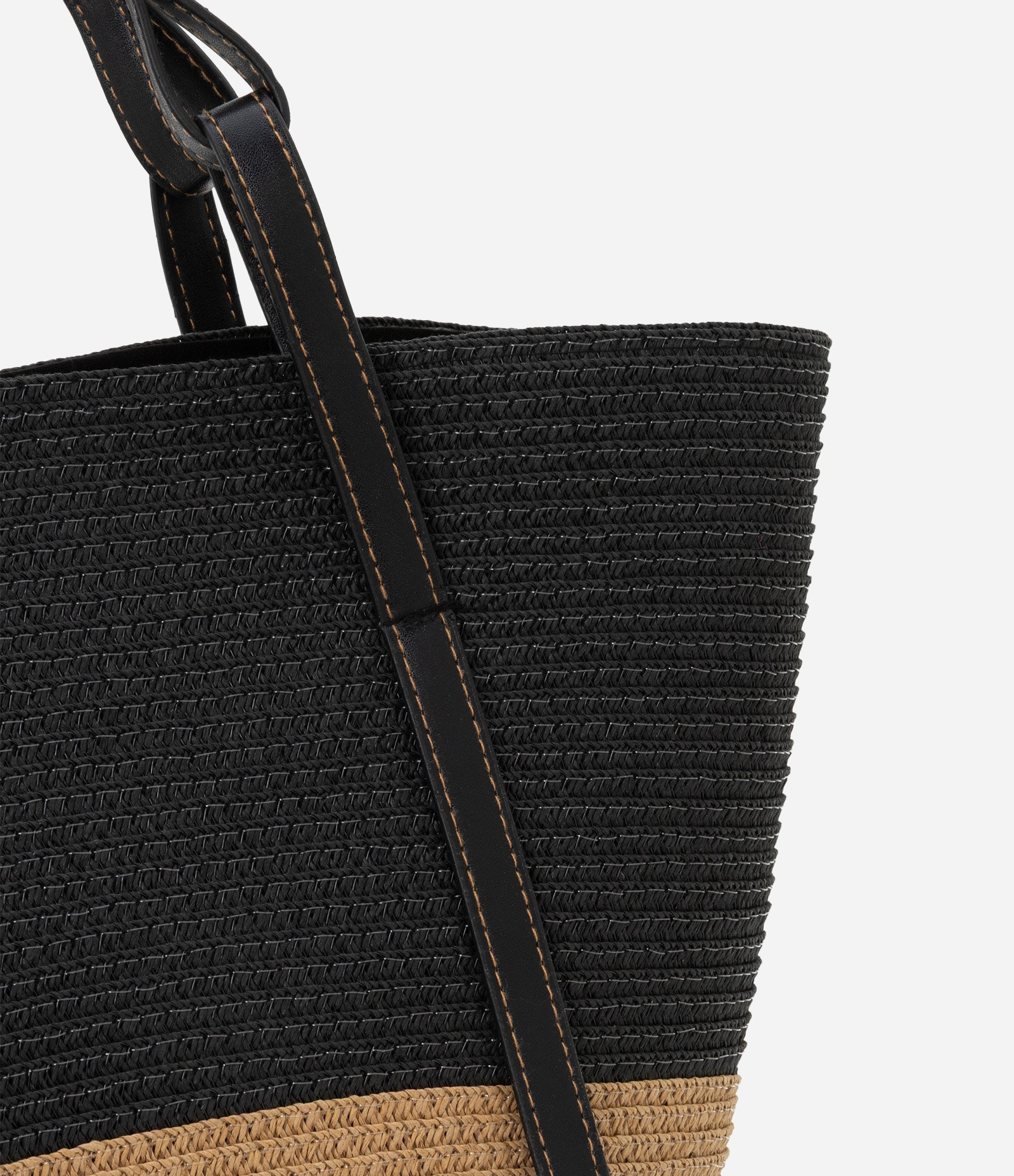Bolsa de Praia Grande de Palha Bicolor com Alça em PU Preto/Bege 4
