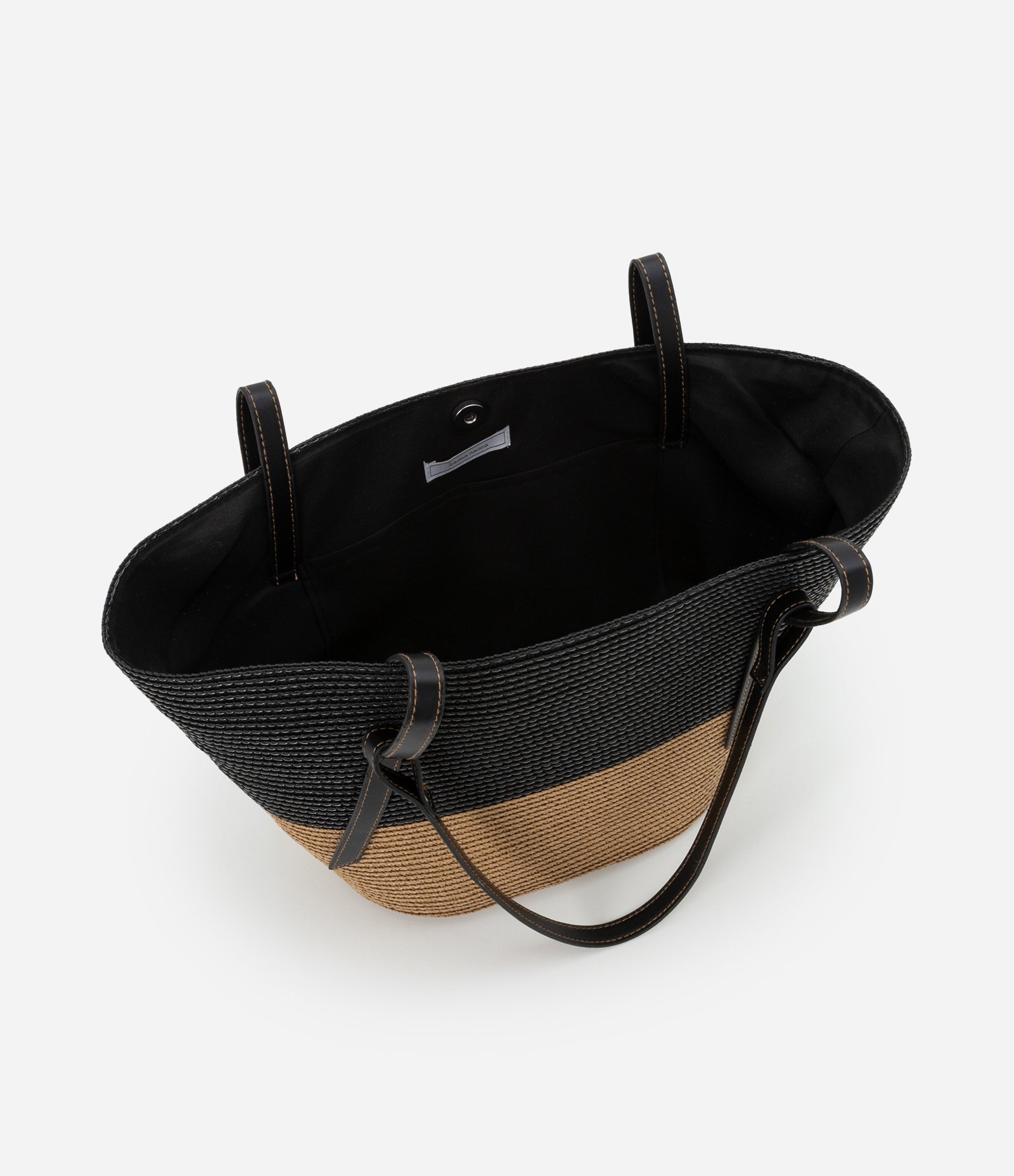 Bolsa de Praia Grande de Palha Bicolor com Alça em PU Preto/Bege 5