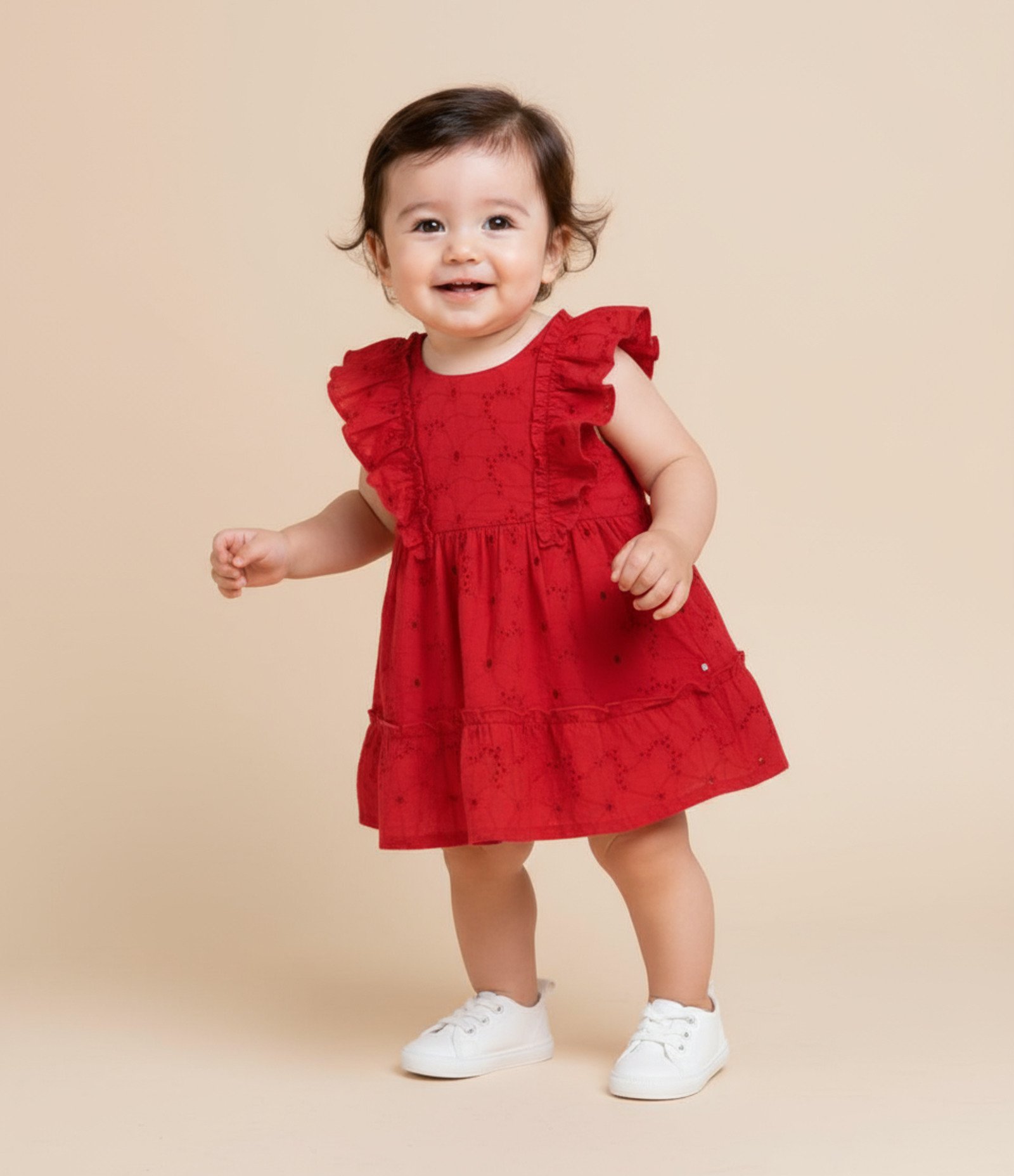 Vestido Infantil em Tricoline com Babados e Calcinha - Tam 3 a 18 Meses Vermelho 1