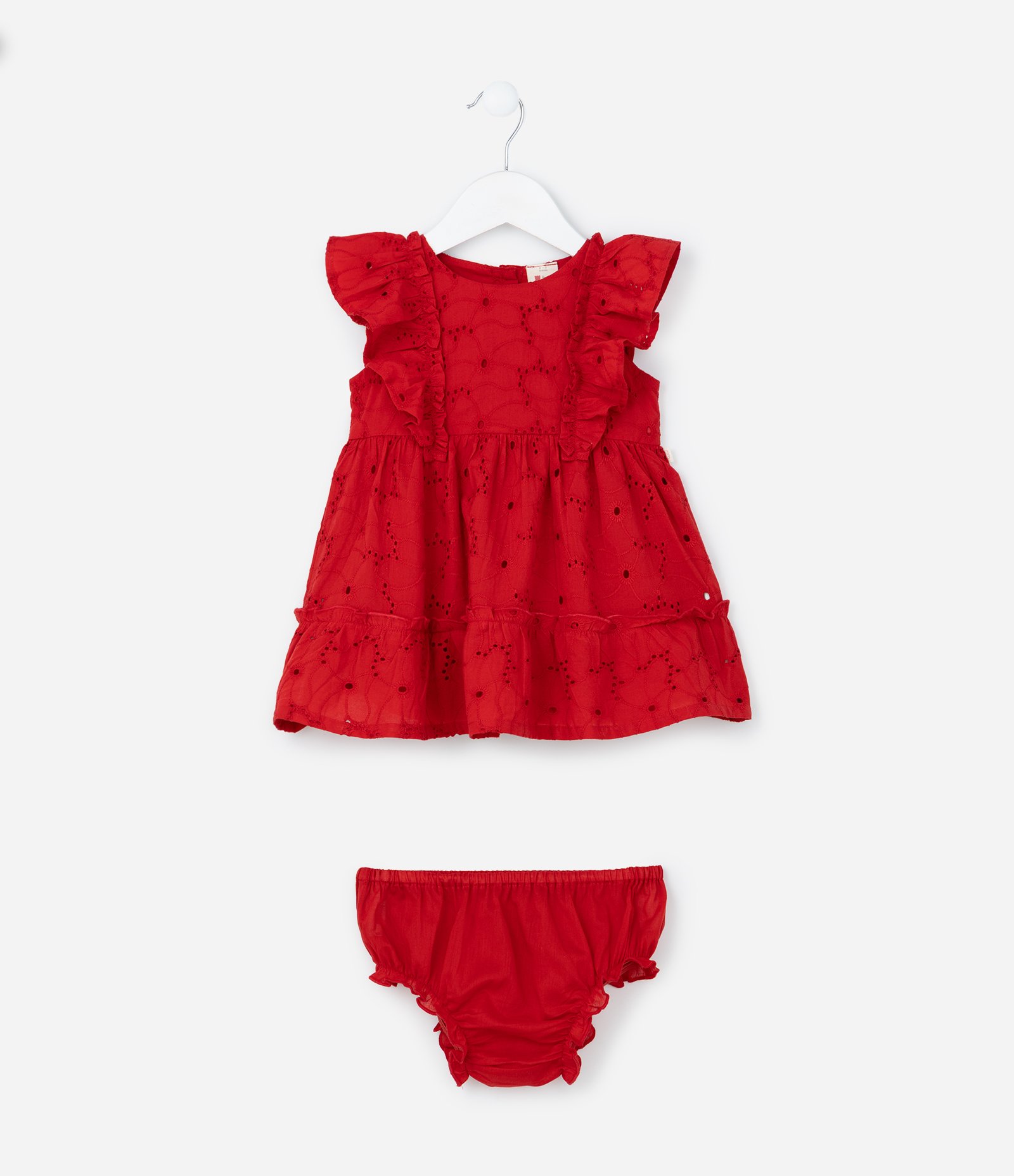 Vestido Infantil em Tricoline com Babados e Calcinha - Tam 3 a 18 Meses Vermelho 2