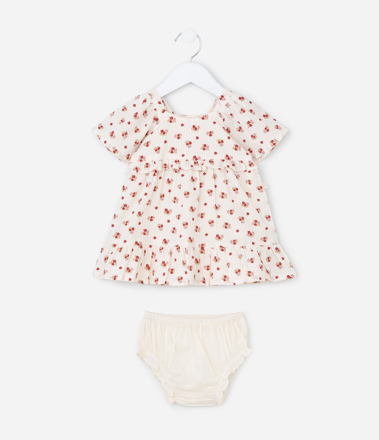 Vestido Infantil em Tricoline com Estampa Floral e Calcinha - Tam 3 a 18 Meses Bege 2