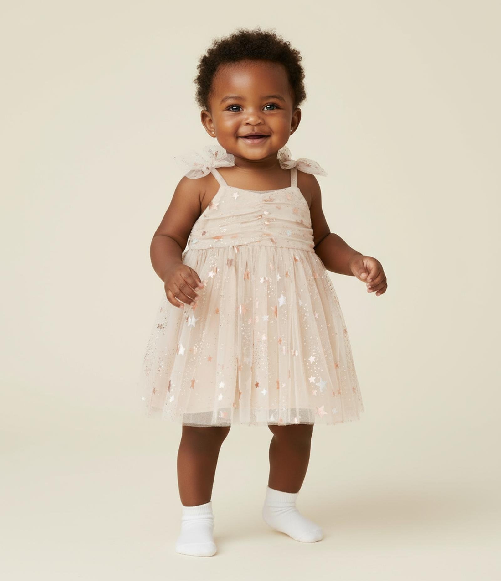 Vestido Infantil com Tule de Estrelas e Calcinha - Tam 3 a 18 Meses Bege 1