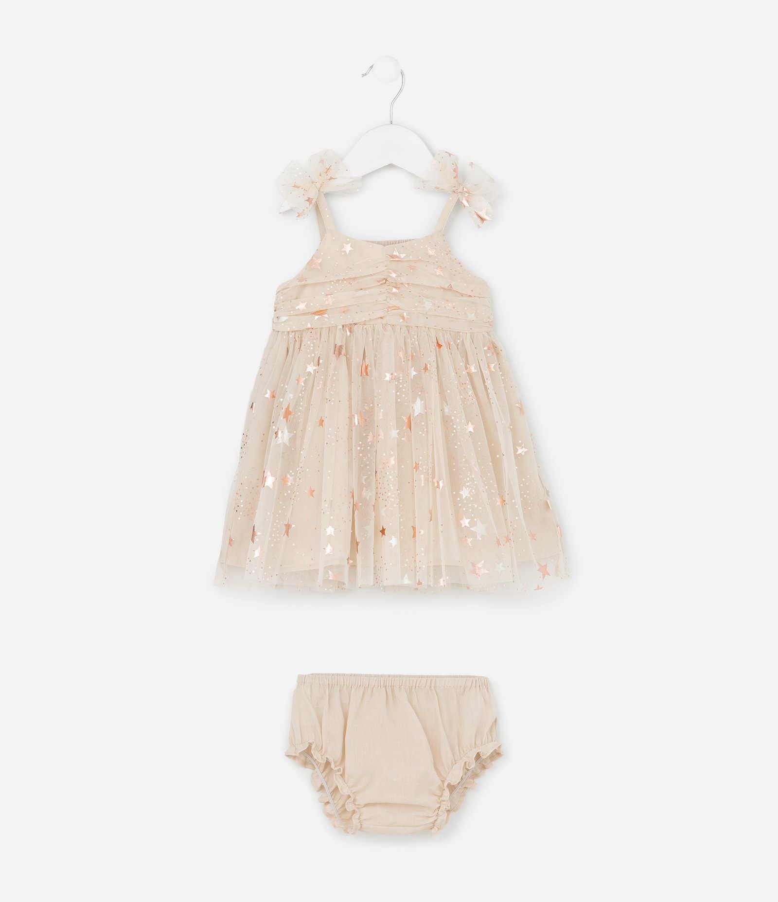 Vestido Infantil com Tule de Estrelas e Calcinha - Tam 3 a 18 Meses Bege 2