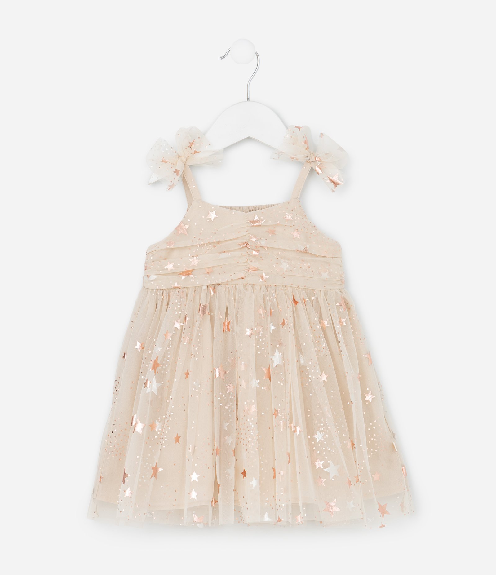 Vestido Infantil com Tule de Estrelas e Calcinha - Tam 3 a 18 Meses Bege 3