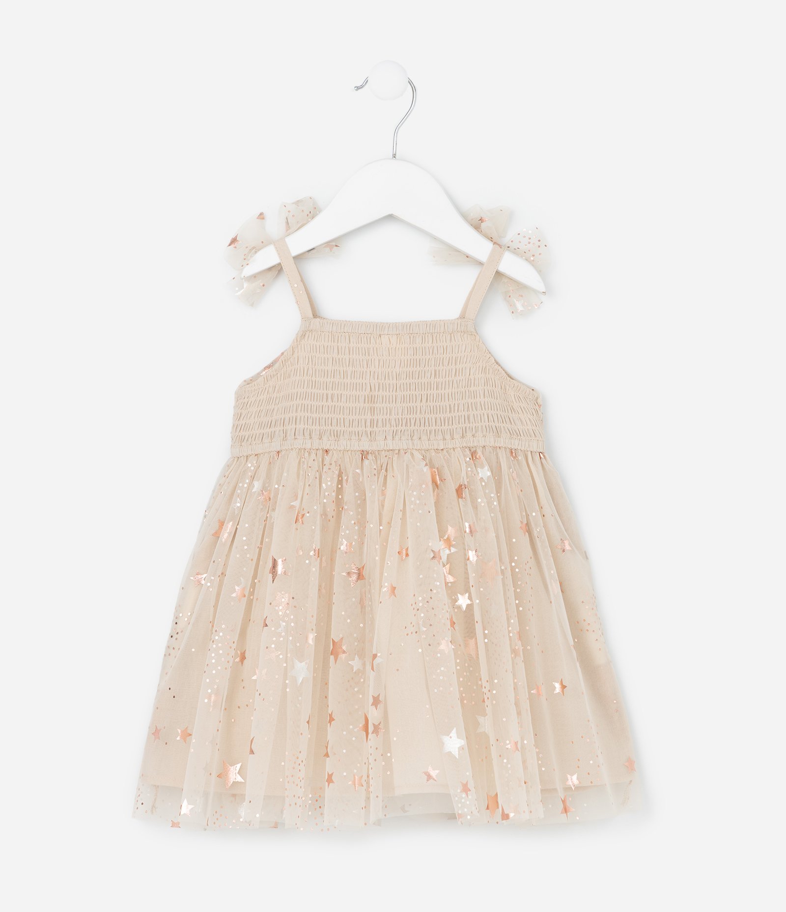 Vestido Infantil com Tule de Estrelas e Calcinha - Tam 3 a 18 Meses Bege 4