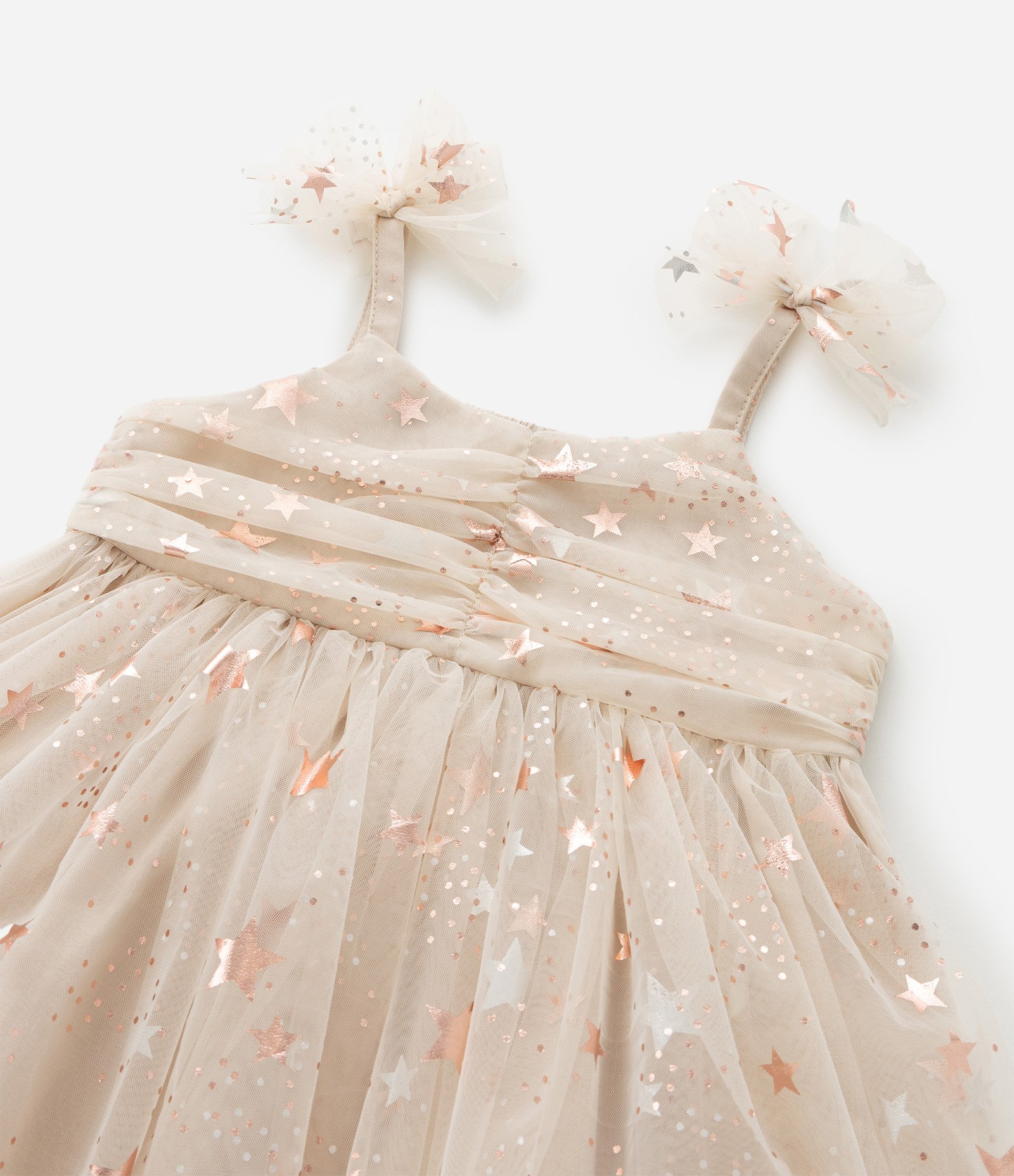 Vestido Infantil com Tule de Estrelas e Calcinha - Tam 3 a 18 Meses Bege 6
