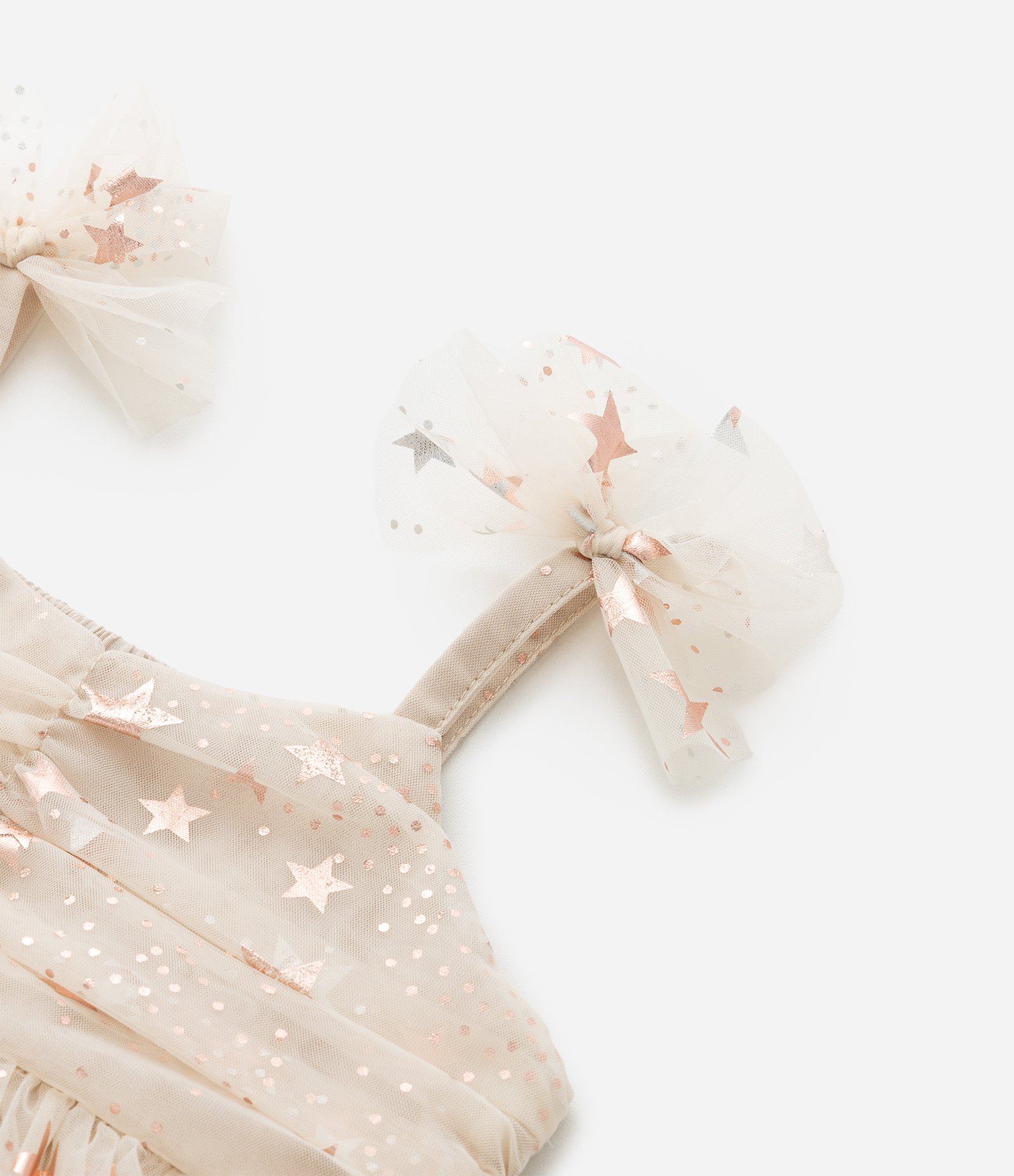 Vestido Infantil com Tule de Estrelas e Calcinha - Tam 3 a 18 Meses Bege 7