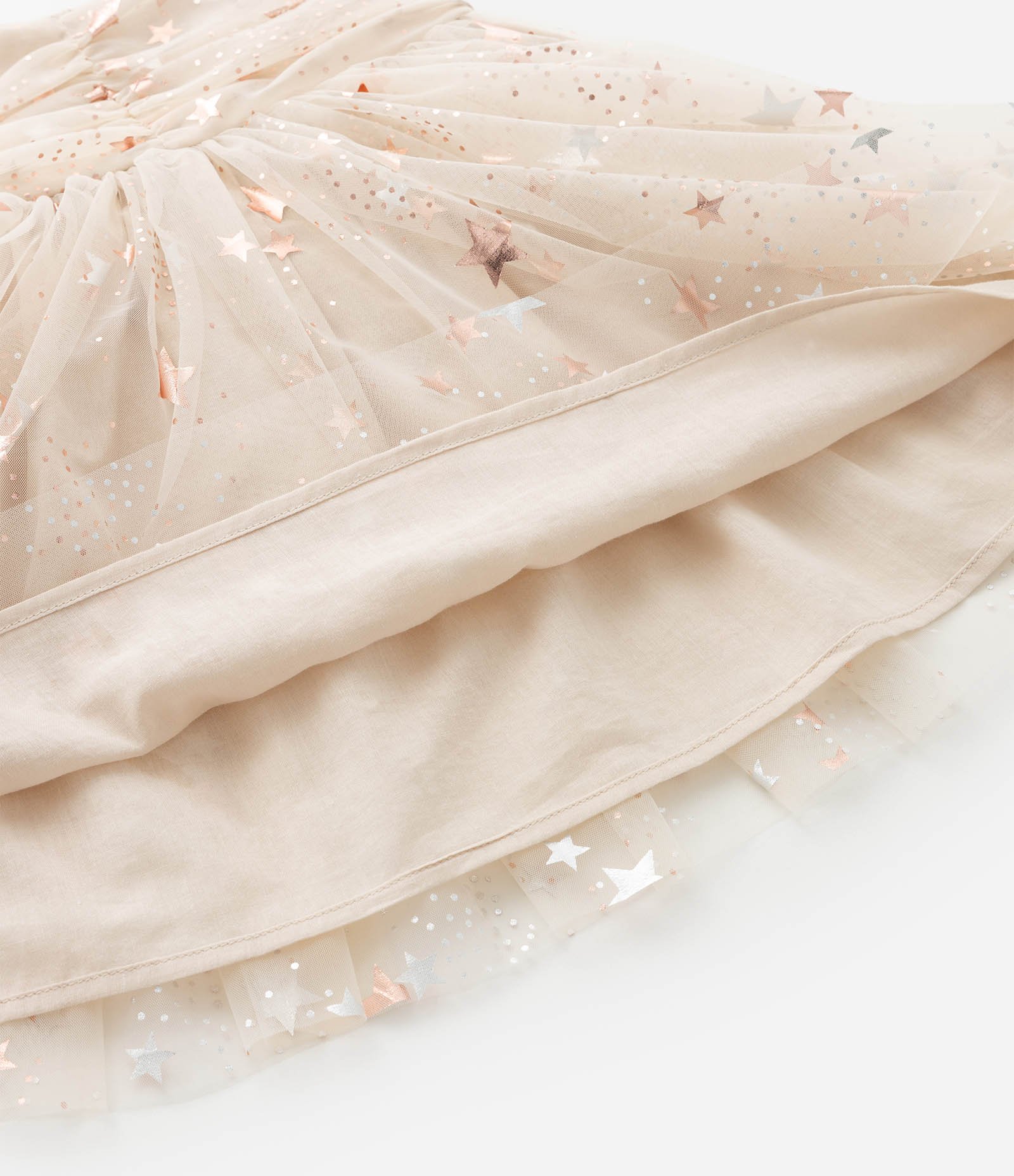 Vestido Infantil com Tule de Estrelas e Calcinha - Tam 3 a 18 Meses Bege 8