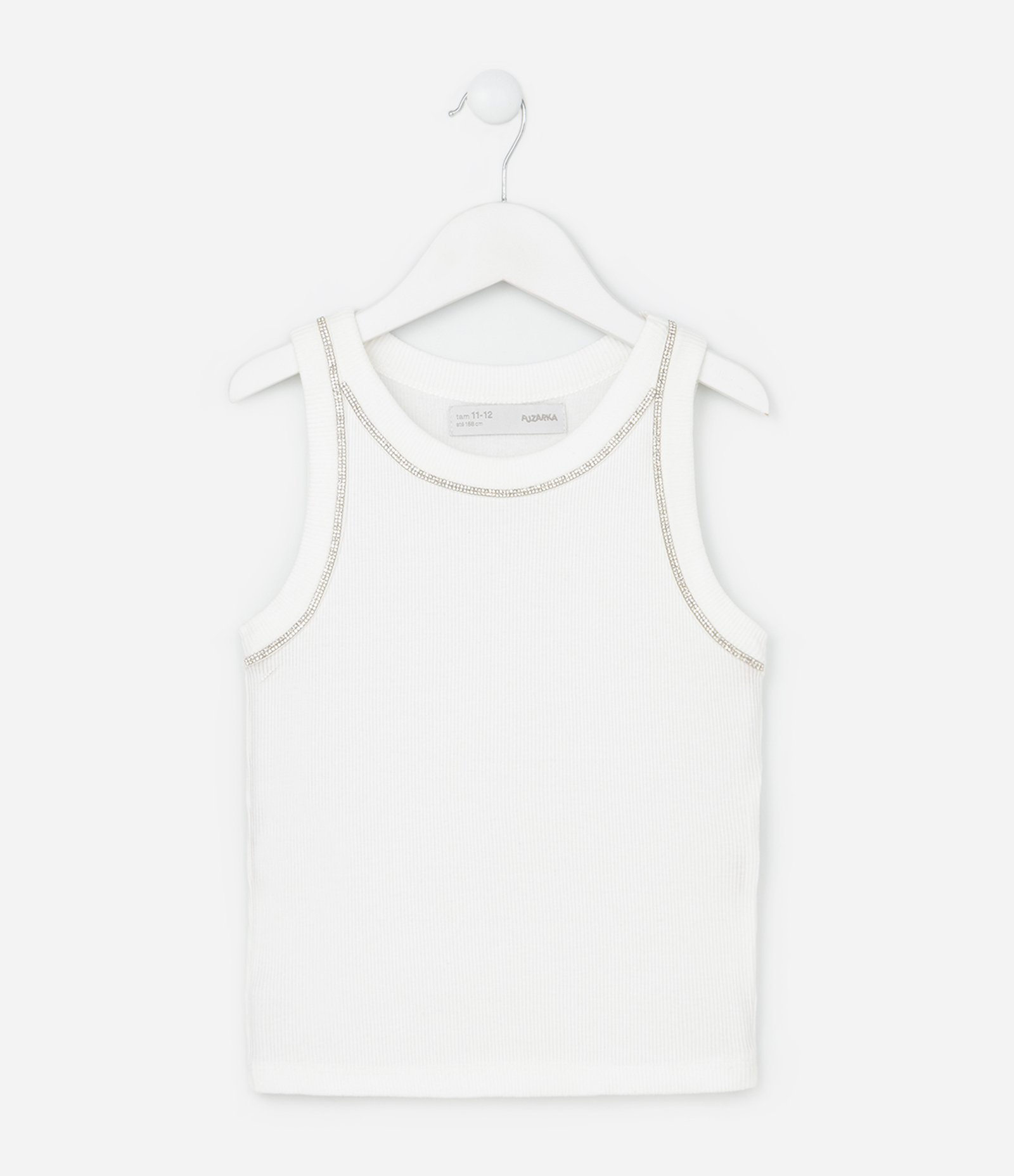 Camiseta Regata Infantil em Ribana com Cava Americana e Aplicação de Brilhos - Tam 5 a 14 Anos Branco 1