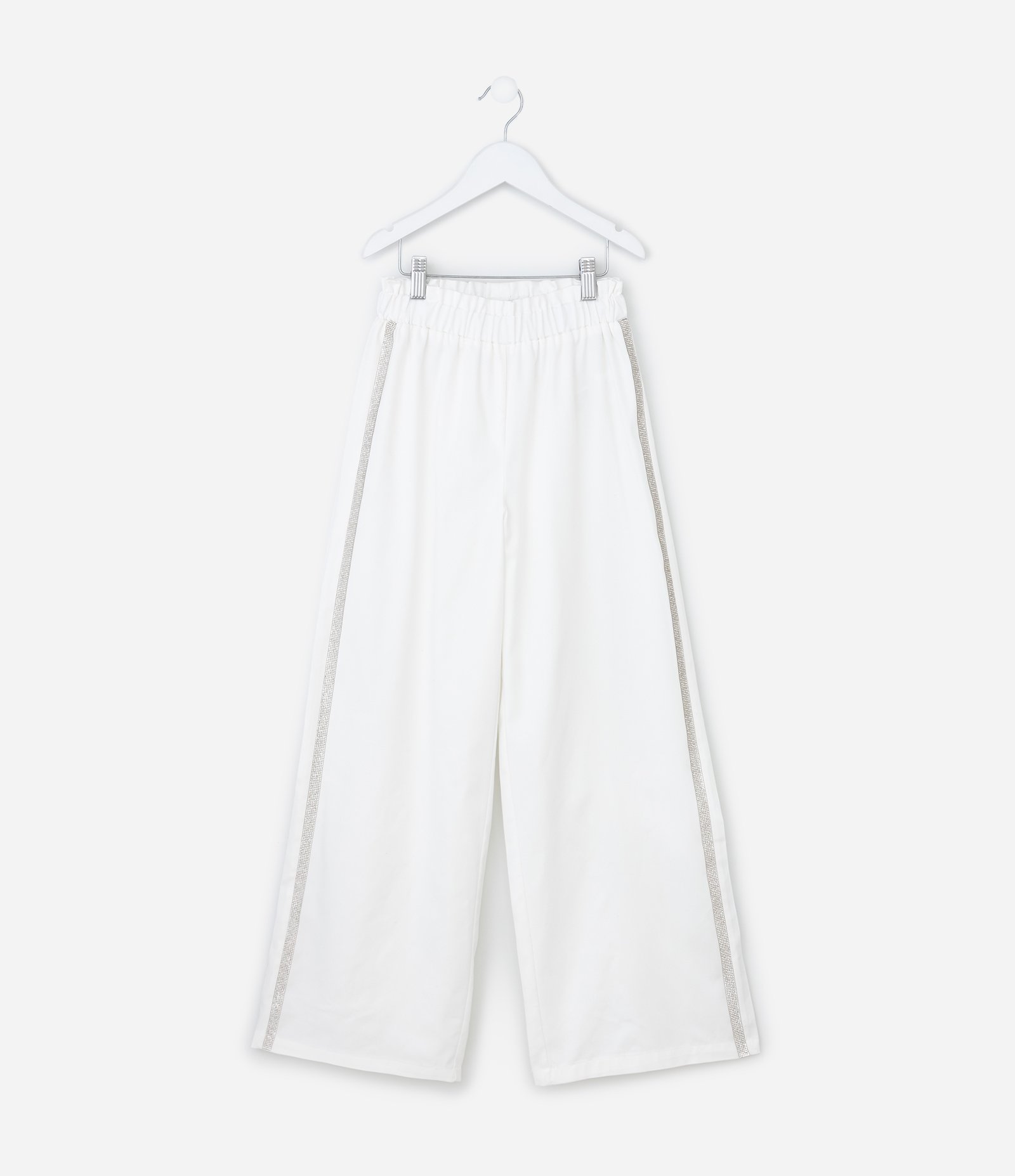 Calça Wide Leg Infantil em Sarja com Aplicação de Brilhos- Tam 5 a 14 Anos Branco 1