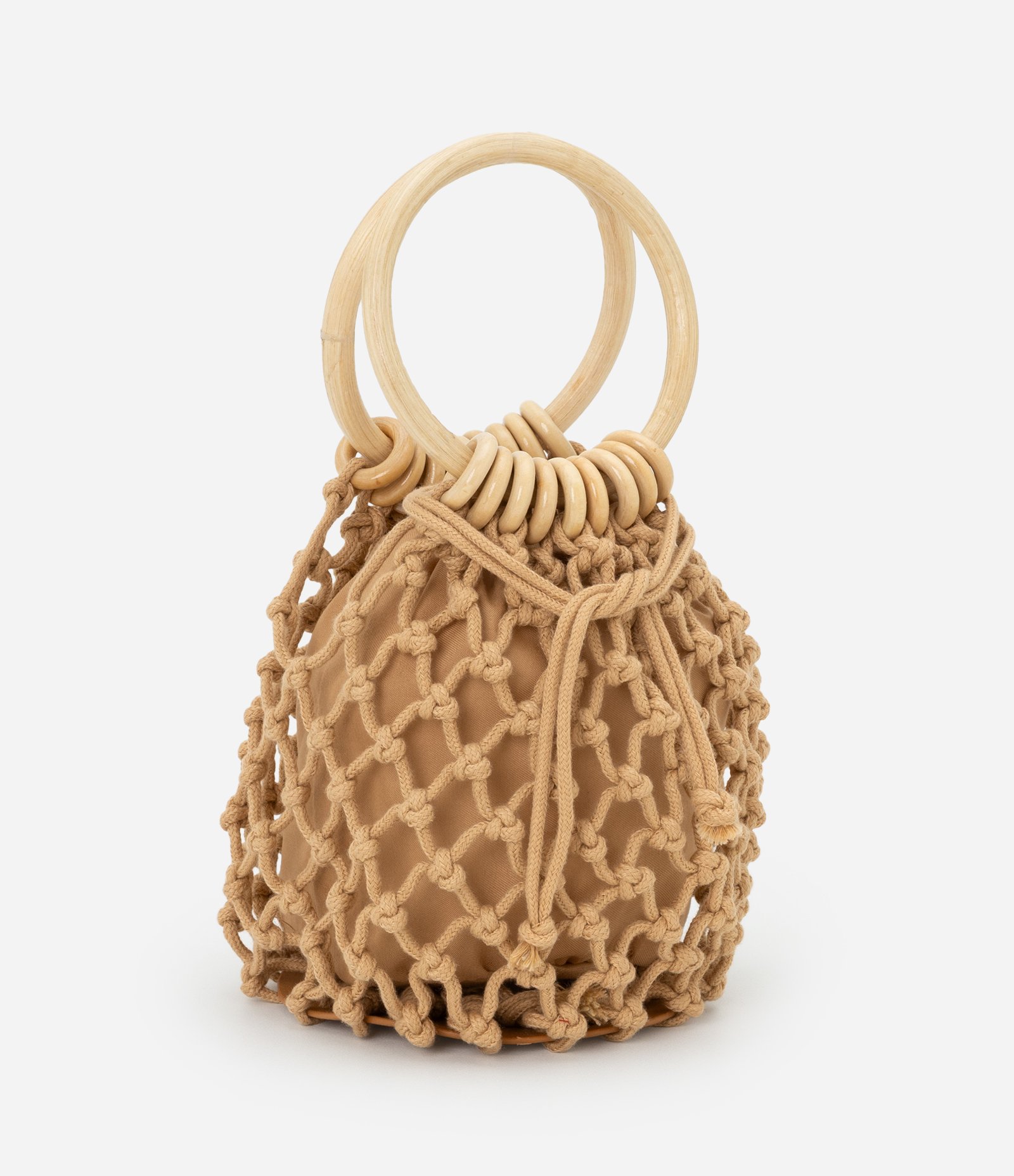 Bolsa Bucket Pequena com Efeito Macrame e Alça de Madeira Bege 1