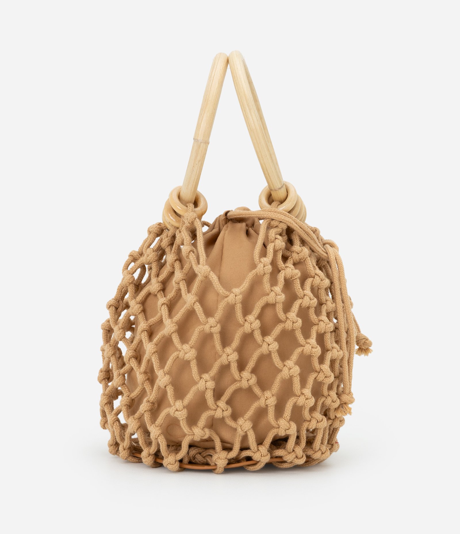 Bolsa Bucket Pequena com Efeito Macrame e Alça de Madeira Bege 2