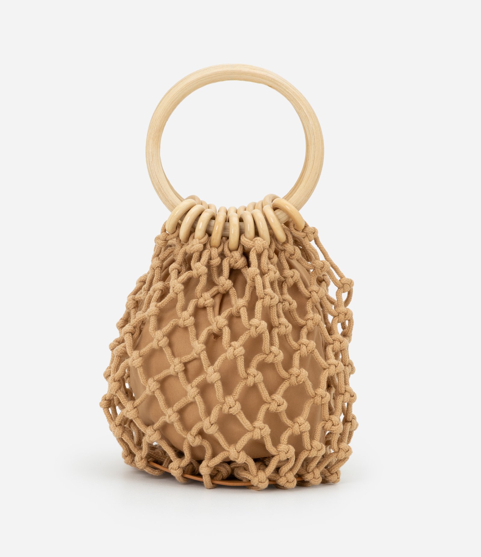 Bolsa Bucket Pequena com Efeito Macrame e Alça de Madeira Bege 3