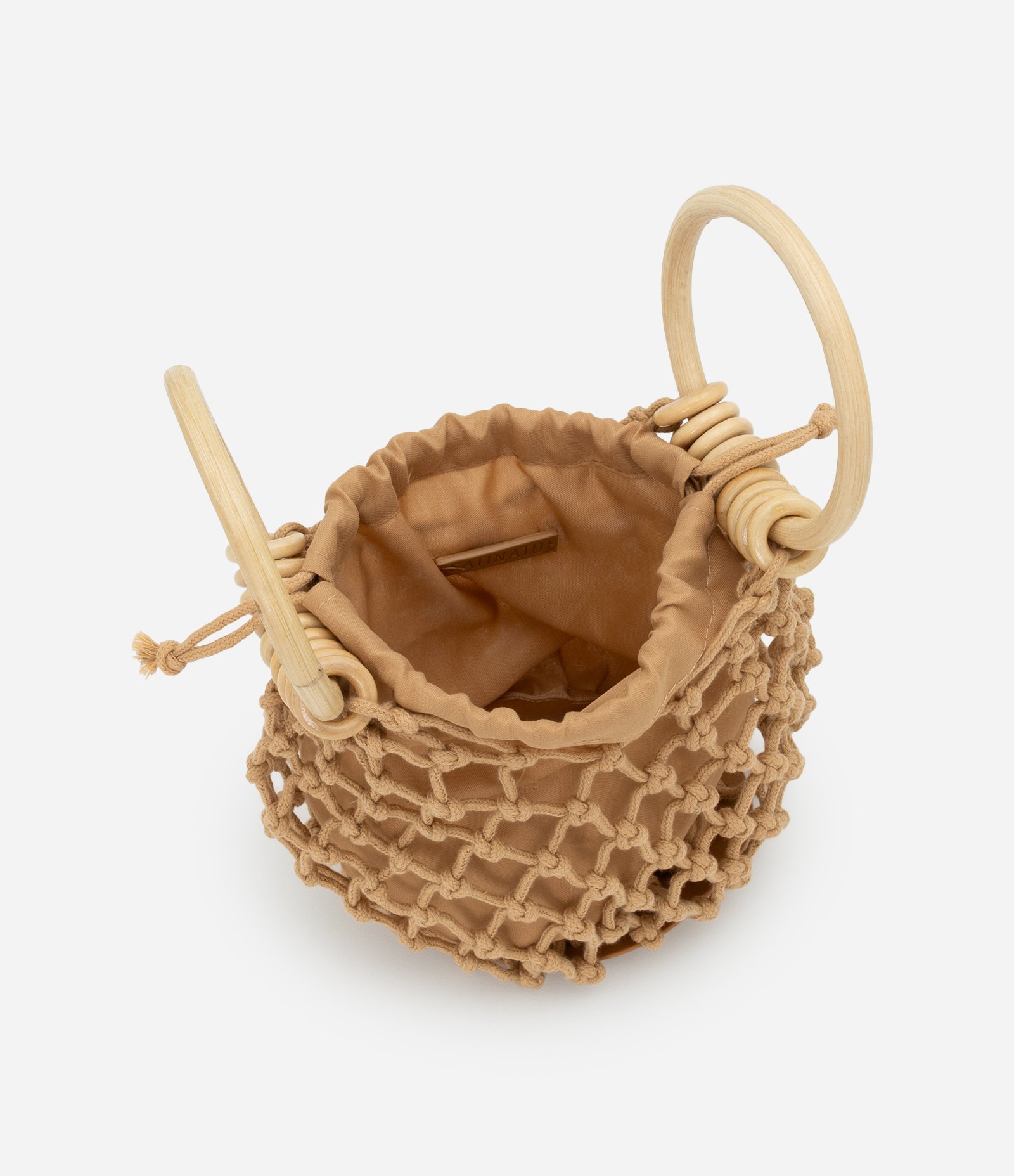 Bolsa Bucket Pequena com Efeito Macrame e Alça de Madeira Bege 4
