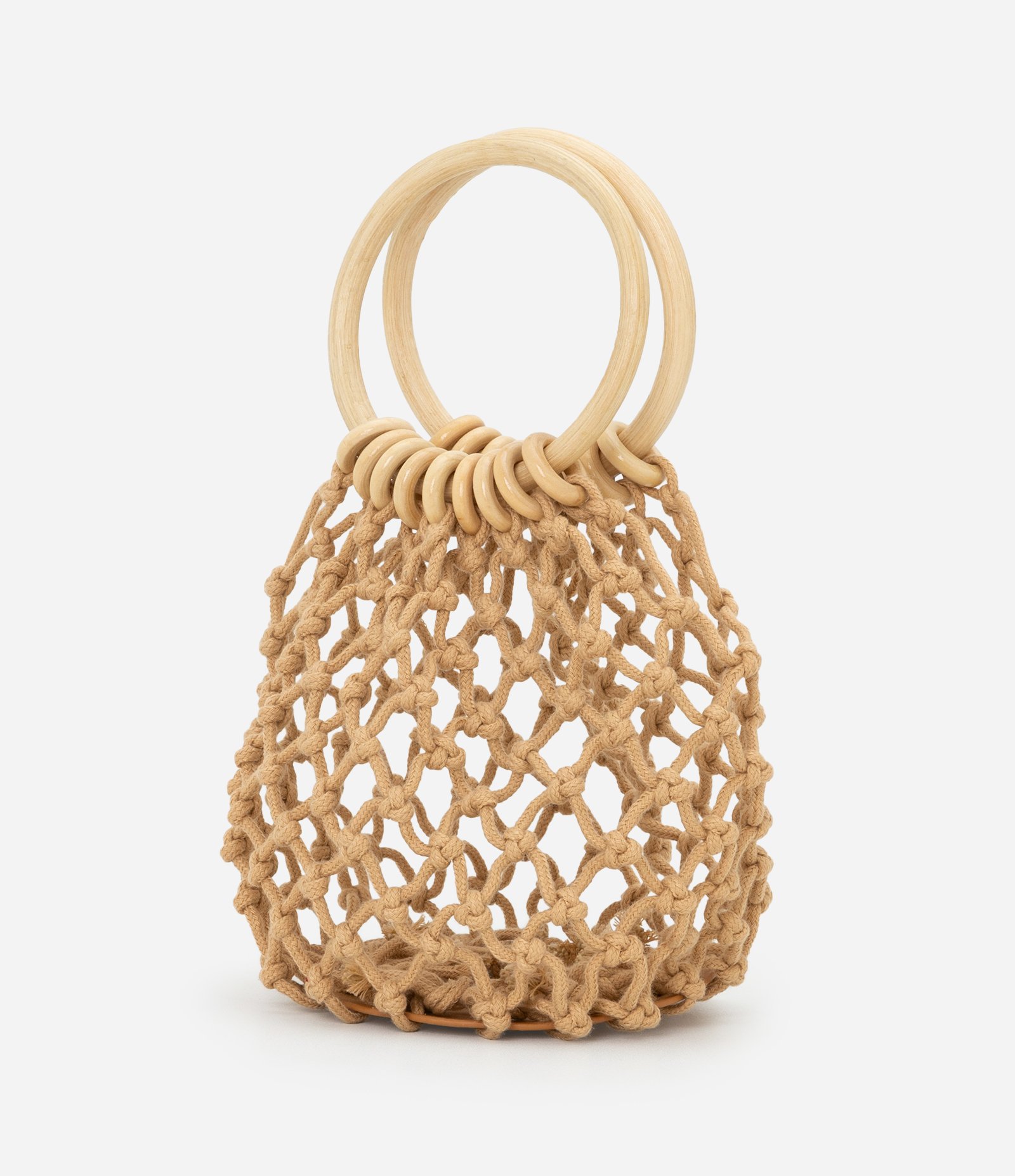 Bolsa Bucket Pequena com Efeito Macrame e Alça de Madeira Bege 6