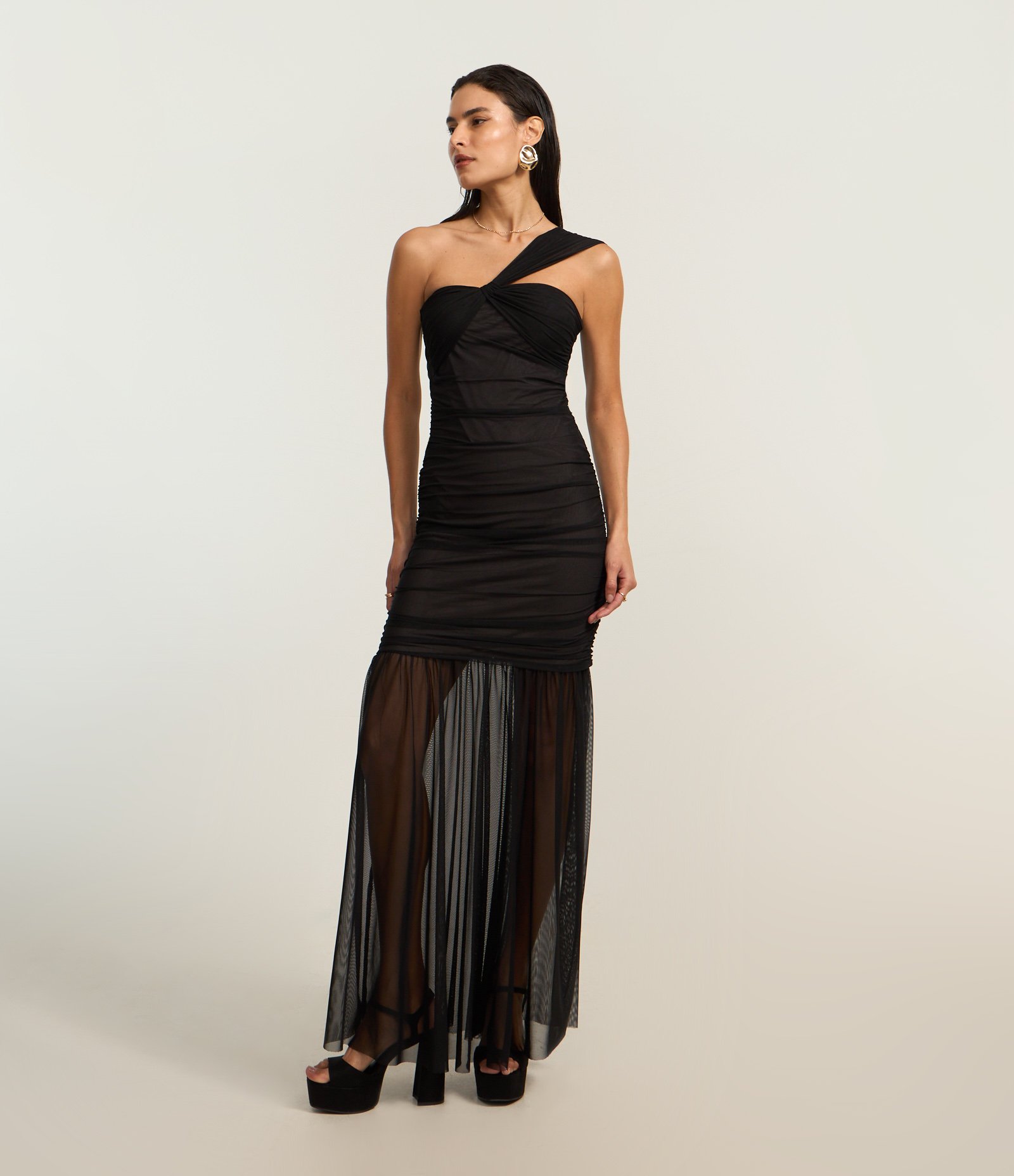 Body em Tule com Um Ombro Só e Nózinho no Busto Preto 1