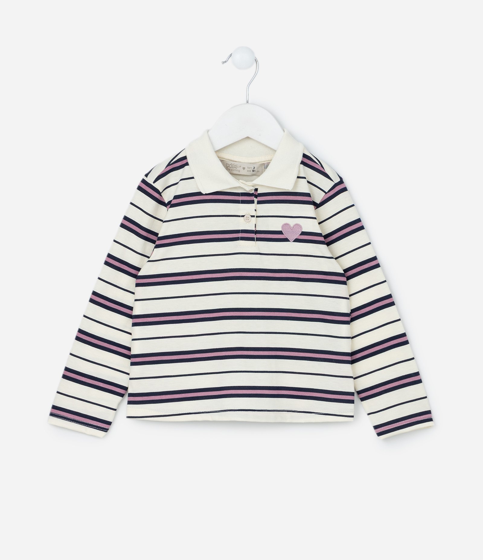 Blusa Infantil com Bordado Coração e Listras - Tam 1 a 6 Anos Bege 1