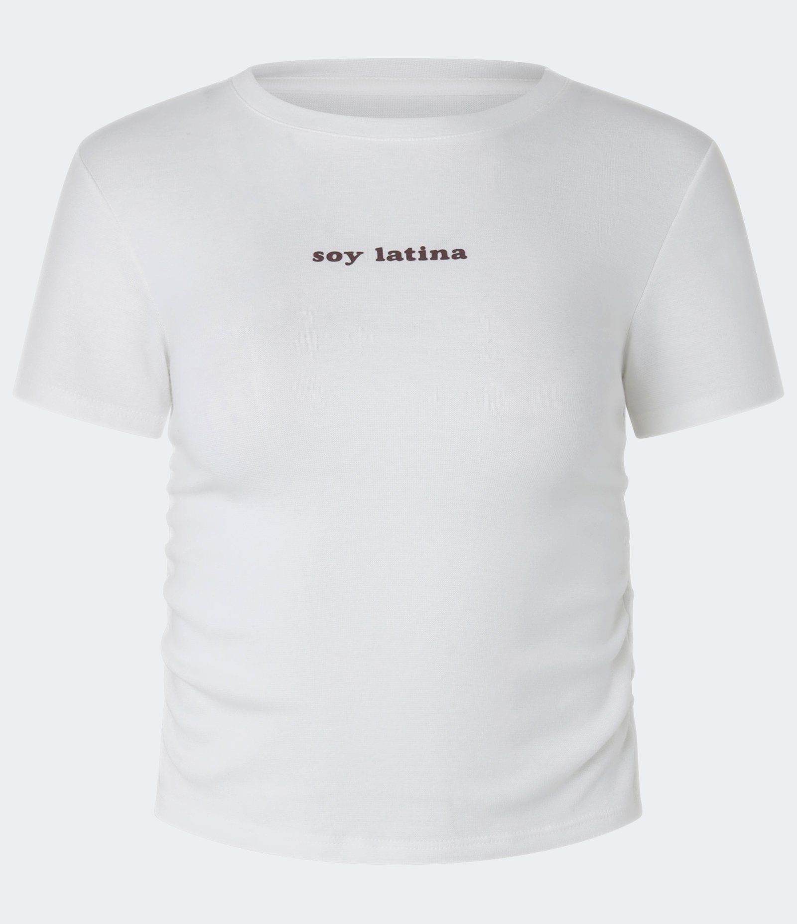 Blusa T-shirt em Ribana com Franzidos Laterais e Lettering Soy Latina Branco 6
