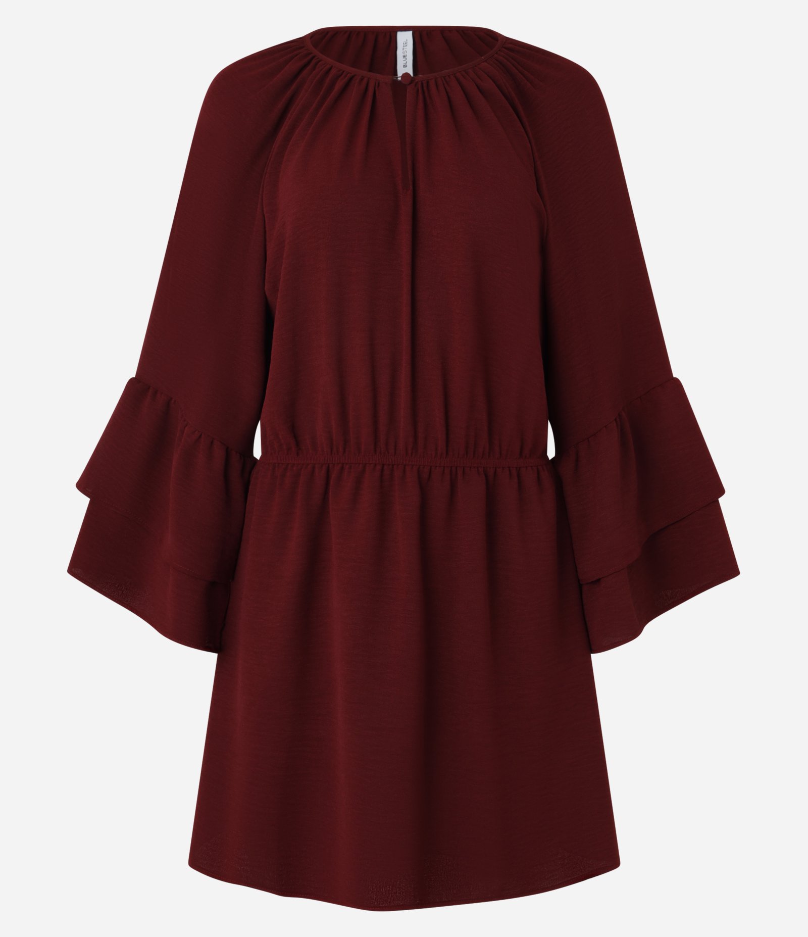 Vestido Curto em Crepe com Babado na Manga e Elástico na Cintura Vinho 5