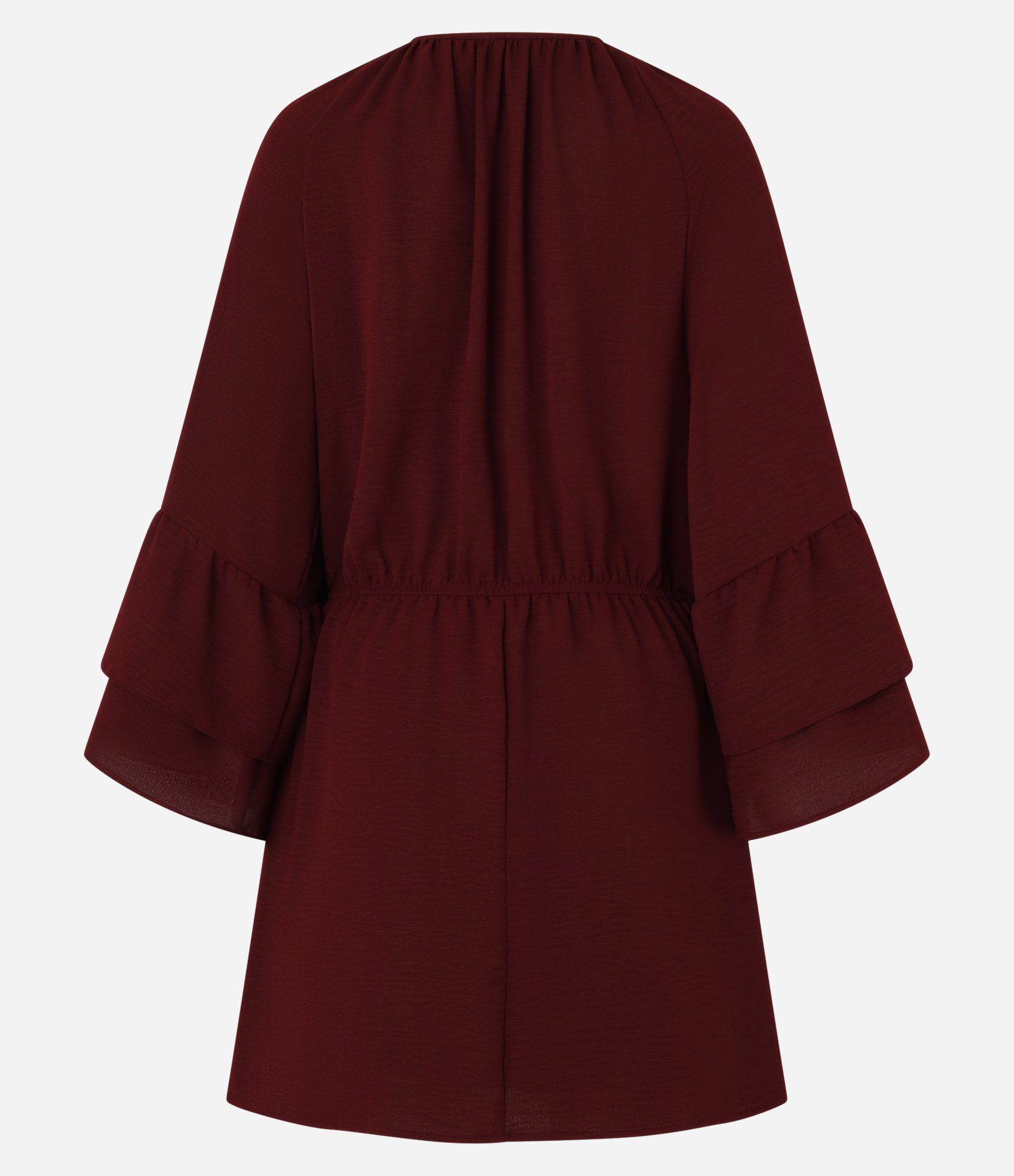 Vestido Curto em Crepe com Babado na Manga e Elástico na Cintura Vinho 6