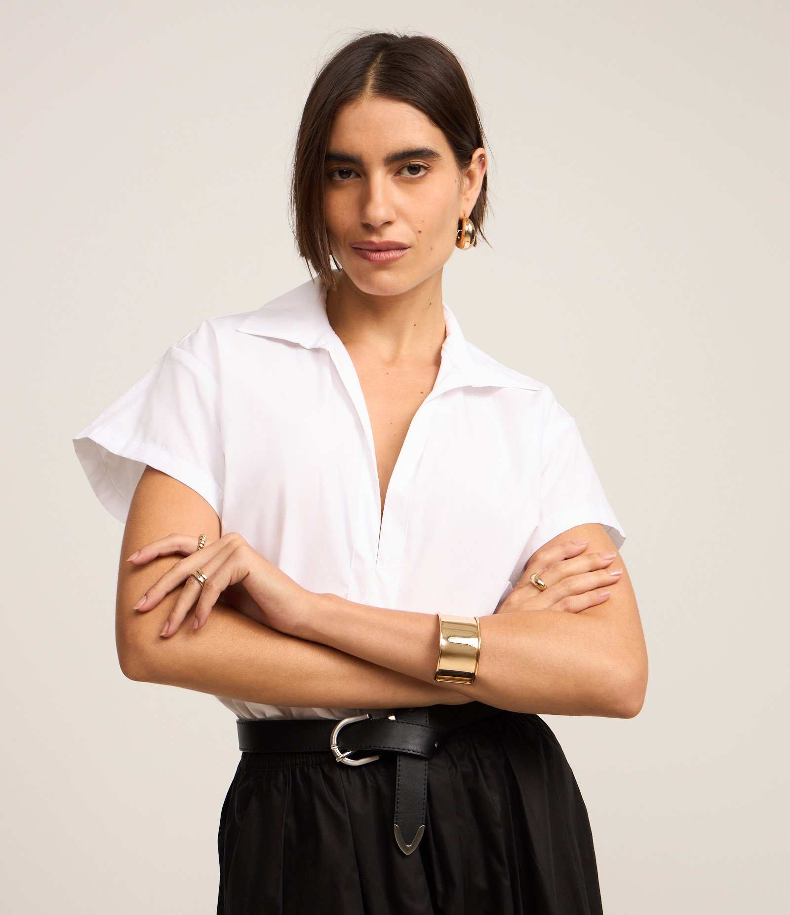 Body Camisa em Tricoline com Decote Profundo Branco 1