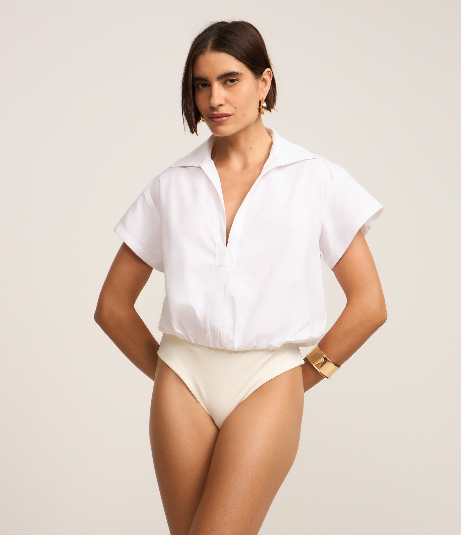 Body Camisa em Tricoline com Decote Profundo Branco 3