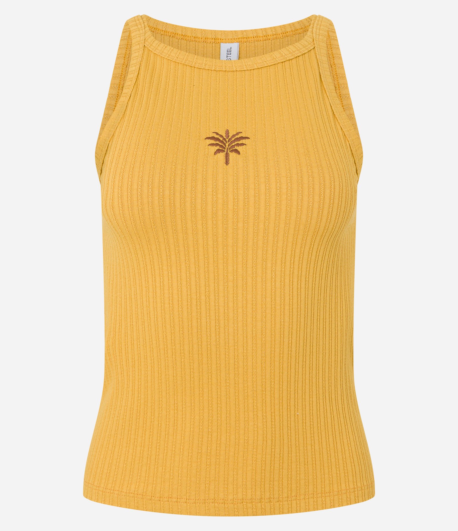 Regata em Viscose Texturizada com Coqueiro Bordado Amarelo 4