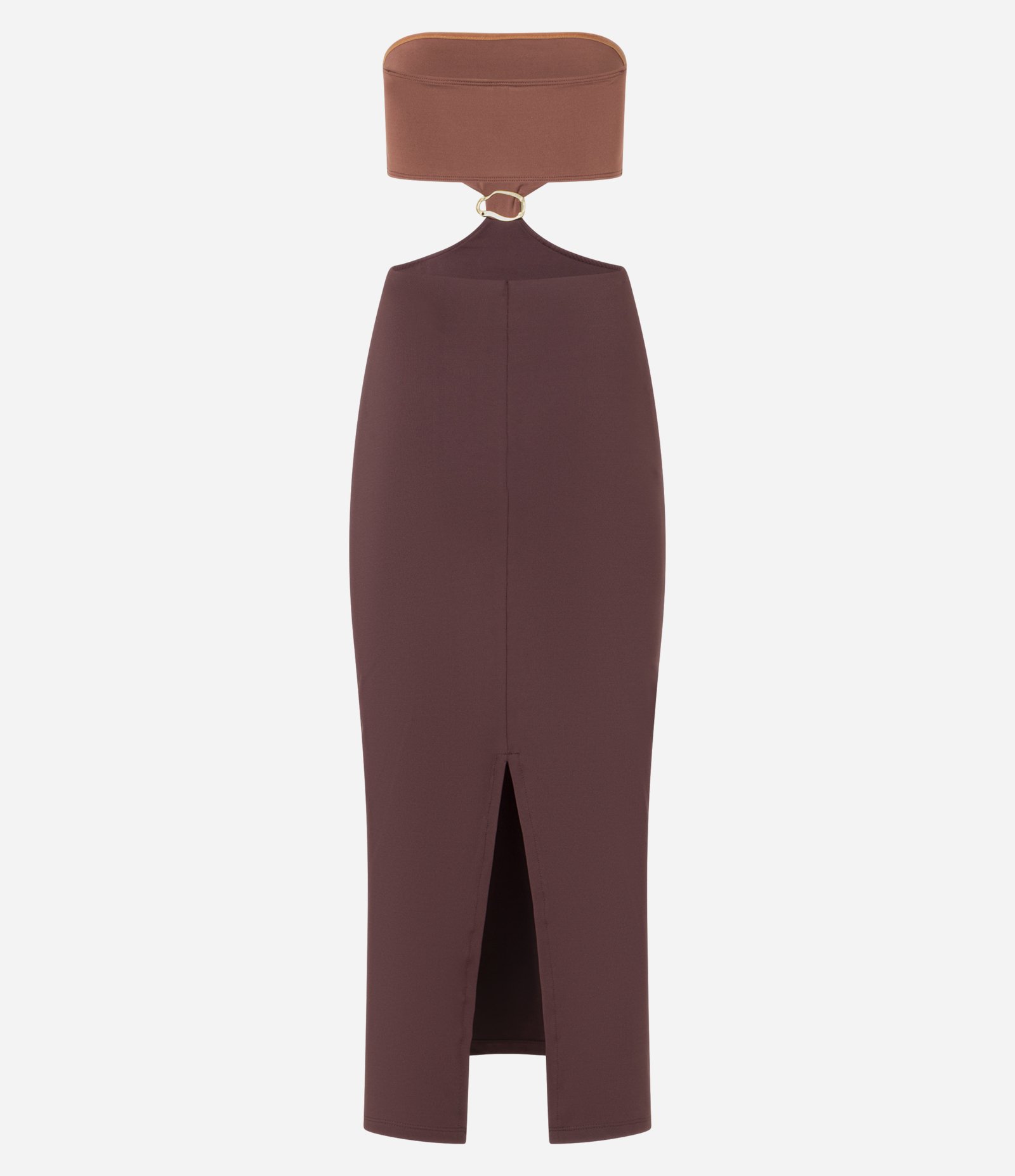 Vestido sem Manga em Jersey Bicolor com Recorte e Aviamento Frontal Marrom 9