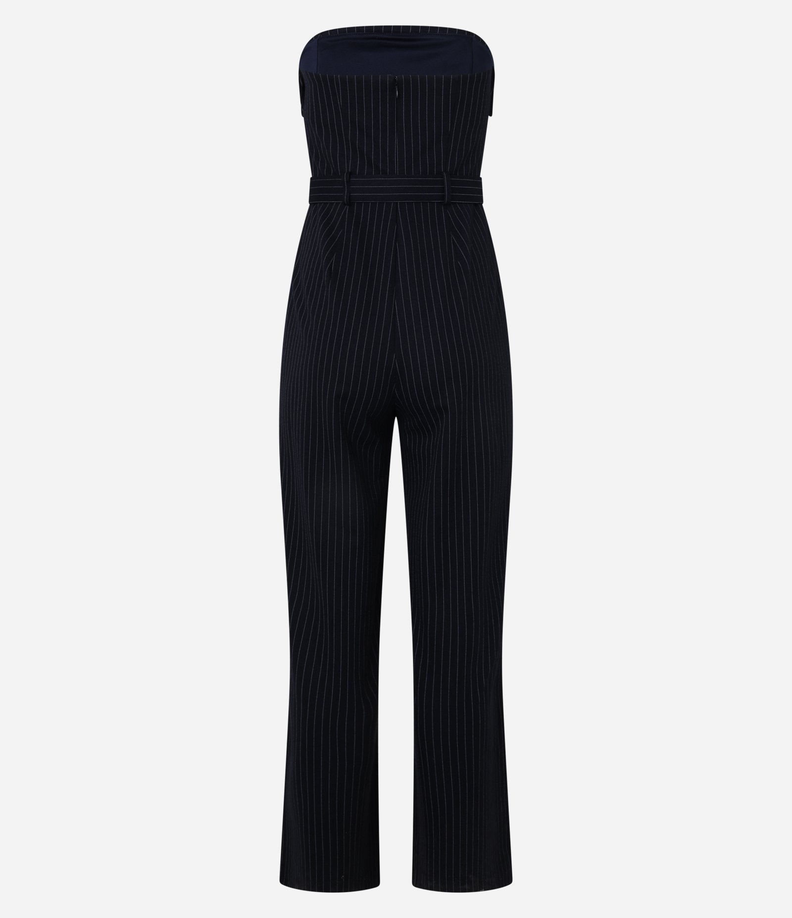 Macacão Sem Alça Listrado com Fio Tinto e Cinto de Tecido Azul Marinho 8